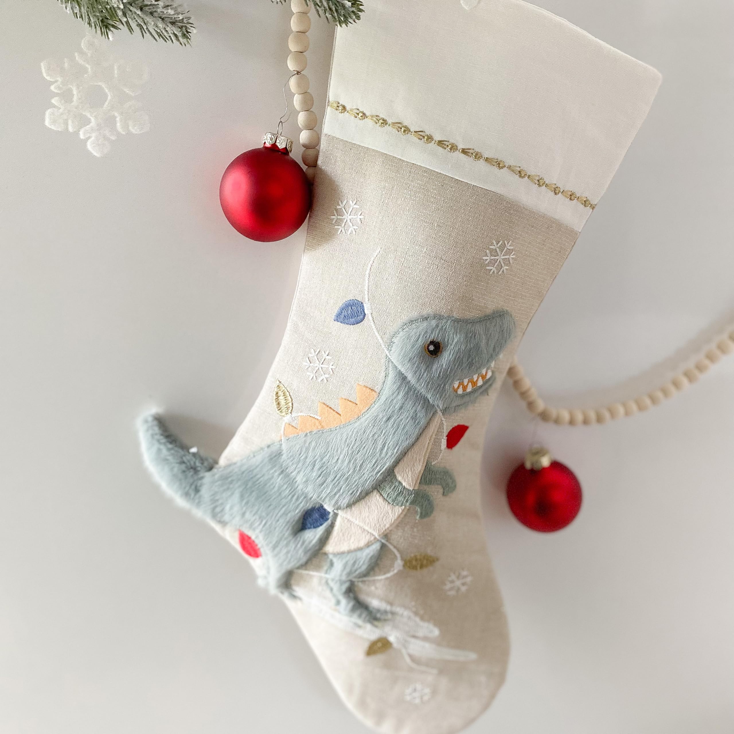 MON AMI Festive Dino Linen Christmas Stocking - 21" Christmas Décor, Perfect for Monogramming, Beige, 21 IN / 53 CM - Image 2