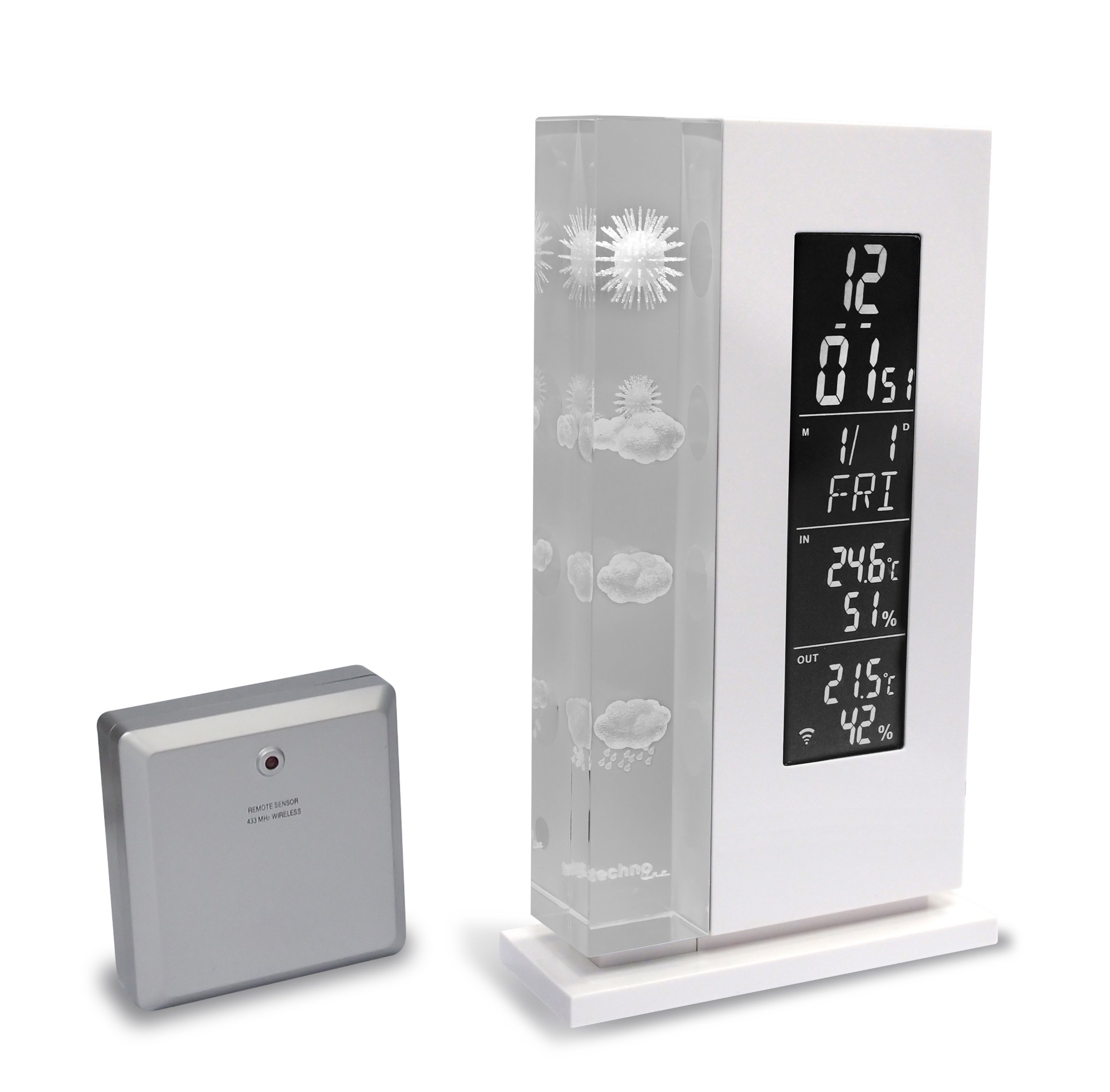Wetterstation WS 6600 mit Vorhersage von Wettersituation durch in Glas gelaserte 3D-Wettersymbole