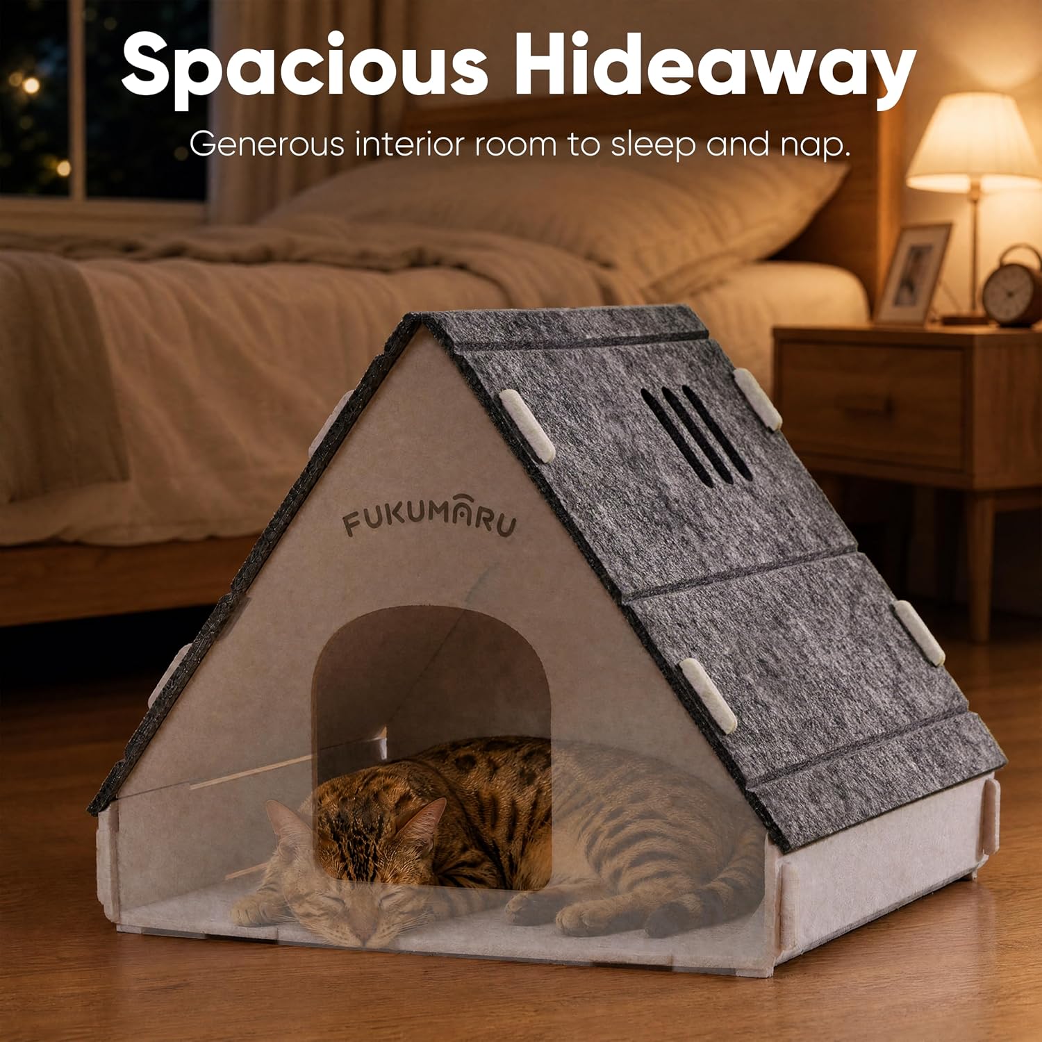FUKUMARU Cat House Cave Bed for Indoor Cats, Large Warm Felt Cat Hideaway | Scratch-Resistant Cat Cave, Kitten Hideaway for Timid Cat & Small Pet, Modern Sturdy Cats House Condo, Easy to Assemble