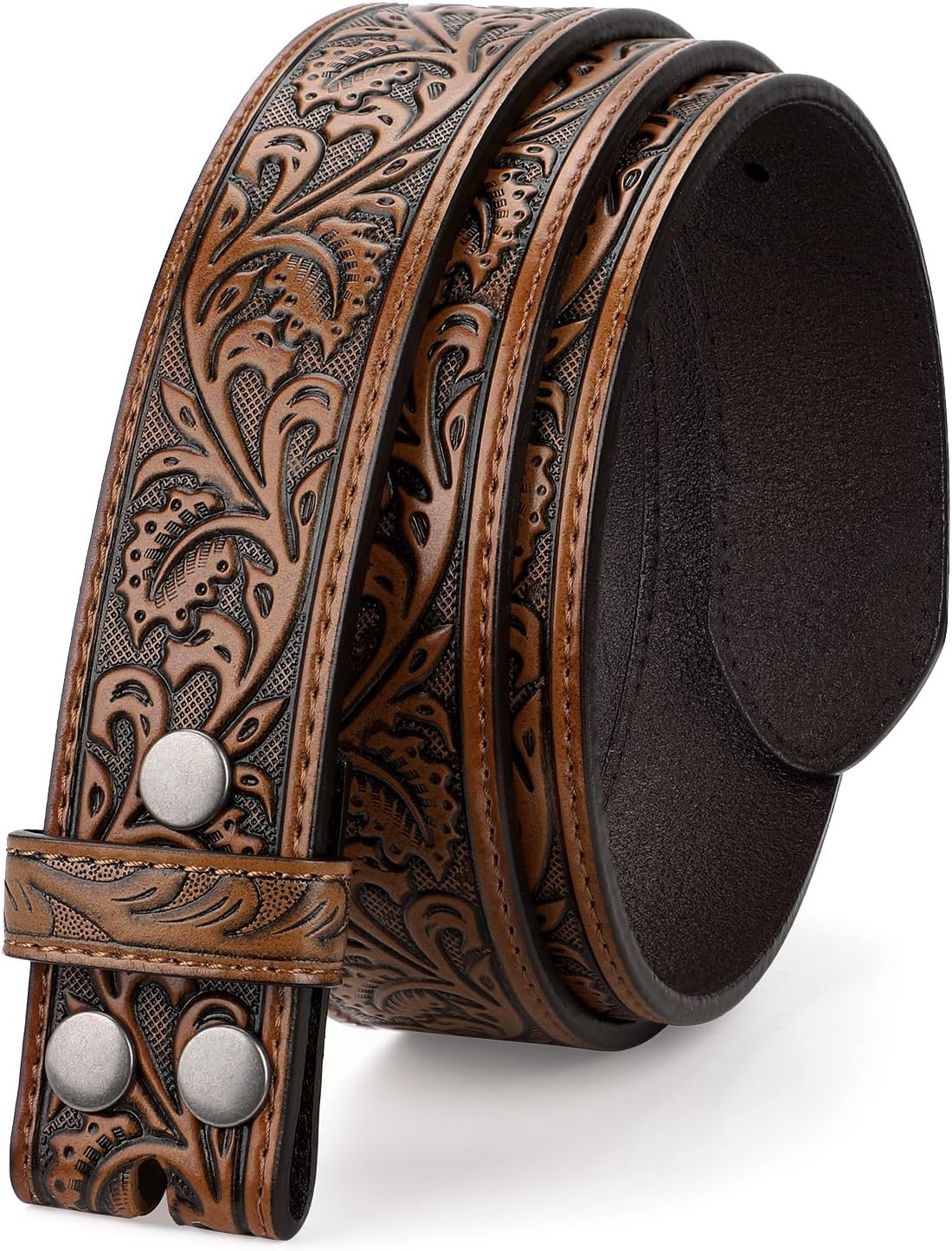 TRIWORKS Western Belt Strap for Men without Buckle 1.5" Wide Floral Engraved Embossed Leather Belt Strap