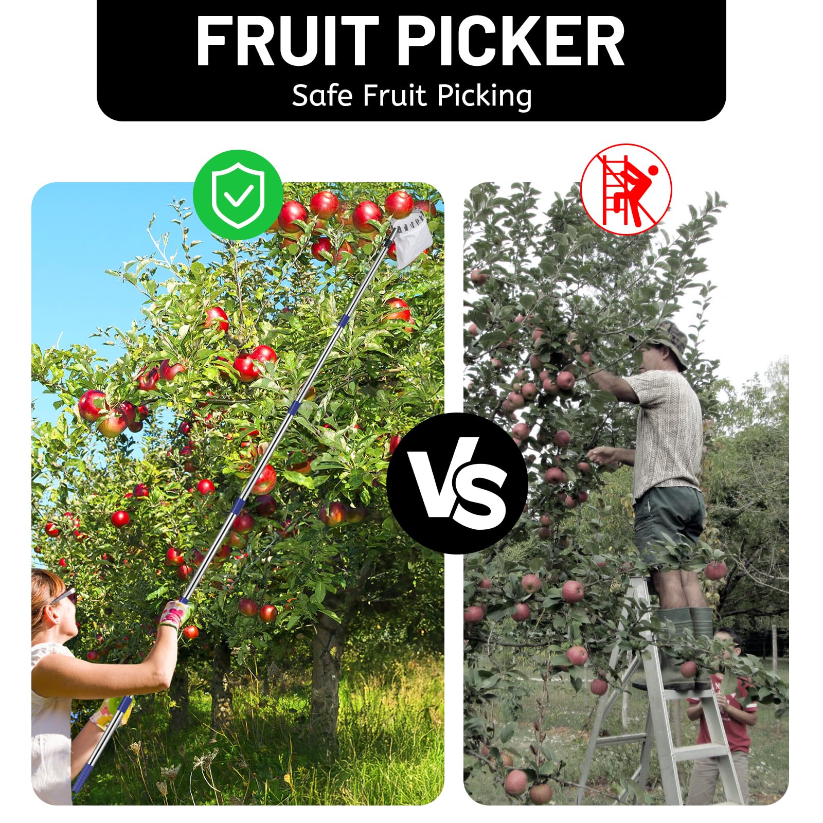 DBREAKS Raccogli Frutta, 4,2M Raccogli Mele con Manico Telescopico, Palo in Acciaio Inox Leggero Raccogli Frutta, Acciaio Inox Cestino con Sacchetto di Cotone, Diametro 16 cm
