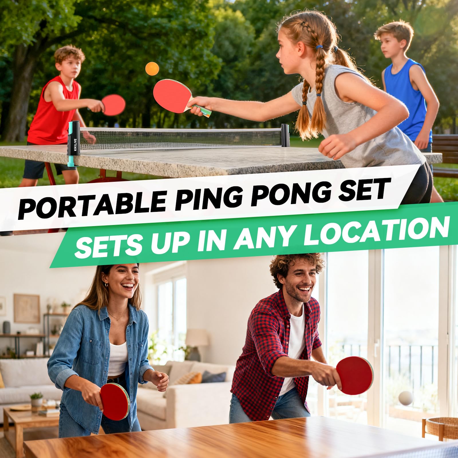 Set da Ping Pong Portatile con Rete Estraibile, 2 Racchette, 6 Palline e Borsa da Trasporto - per Interni ed Esterni, Ideale per Famiglia, Tempo Libero e Allenamento