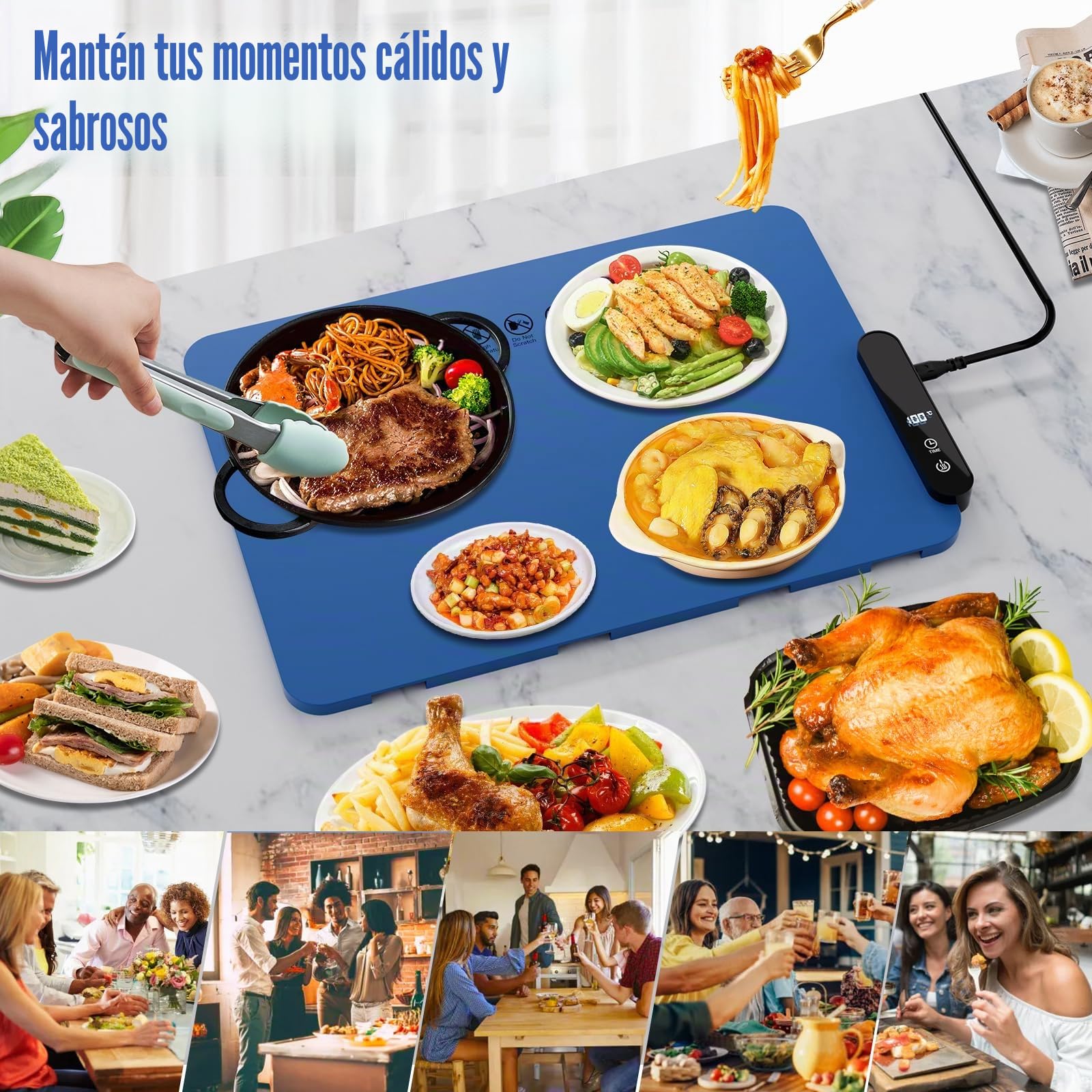 Bandeja de Calentamiento Eléctrico, Bandeja Calienta Platos con 5 Temperaturas Planas para Alimentos 40 °C a 100 °C, Regulables, para Fiestas, Buffets Fiestas, Viajes (Azul)