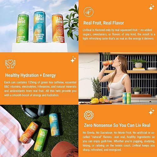 Miniatura 6 de Liv Real Clean Energy Drink - Guayaba de piña espumosa, hecha con fruta exprimida real, cafeína de té verde orgánico, sin edulcorantes artificiales