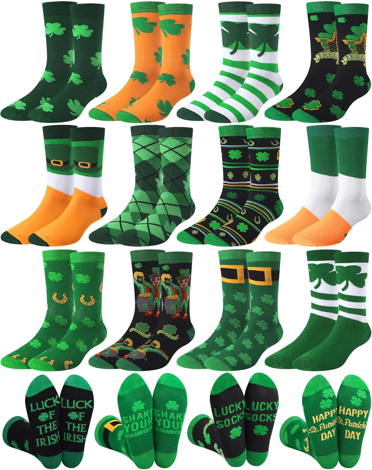 Eurzom 12 Pairs Funny Men's St. Patrick's Day Crew Socks Bulk Novelty Green Shamrock Cotton Dress Socks for Irish Parade Costume Gifts Men Shoe Size 7-12