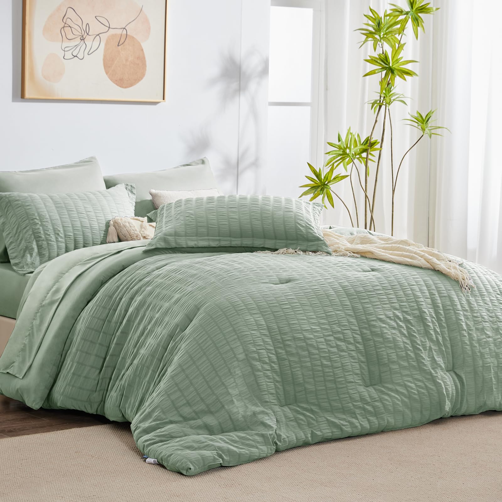 CozyLux Twin Bed in a Bag Sage Green Seersucker Textured Comforter Set with Sheets 5-Pieces for Girls and Boys - Bedding Sets with Comforter, Pillow Sham, Flat Sheet, Fitted Sheet, Pillowcase