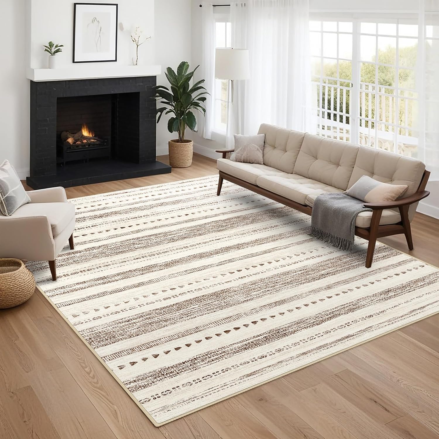Moroccan 5x7 Area Rug: Soft Ultra Thin Machine Washable Farmhouse Area Rugs for Living Room Non-Slip Neutral Modern Geometric Indoor Floor Carpet for Bedroom Under Dinning Table Brown