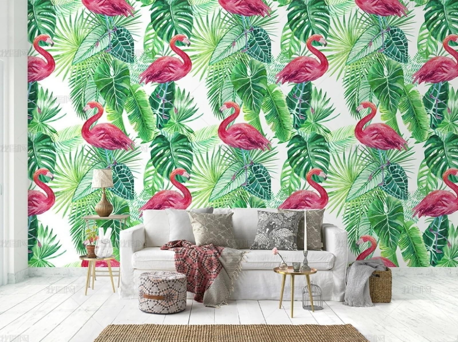 Papier peint autocollant flamant rose pour une chambre d'amis au style exotique