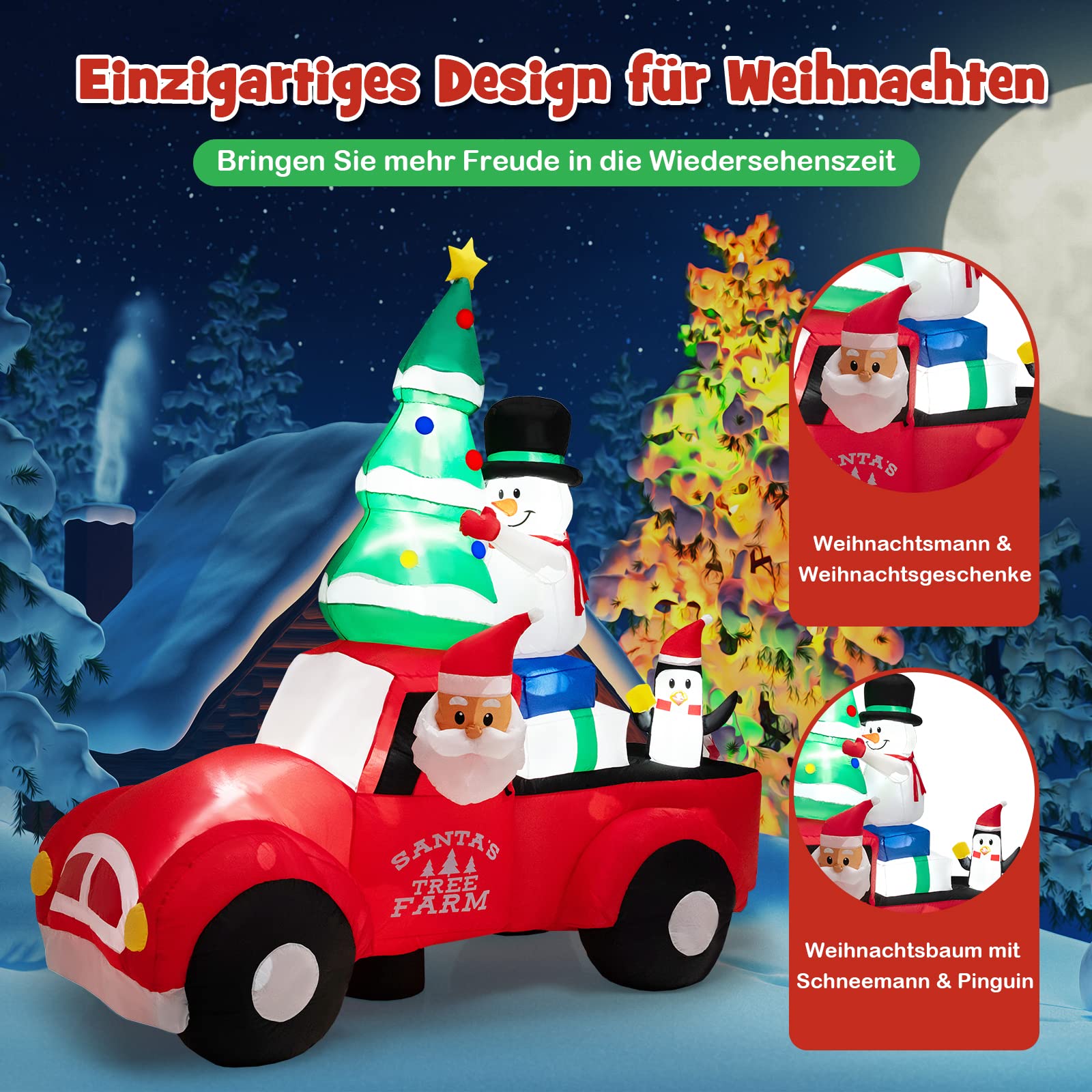 COSTWAY Aufblasbarer Weihnachtsmann fährt EIN Auto, LED Weihnachtsdekoration mit Schneemann, Weihnachtsbaum, Geschenk, Pinguin, Winterdekoration Polyester, für Hof Rasen Garten, Selbstaufblasend