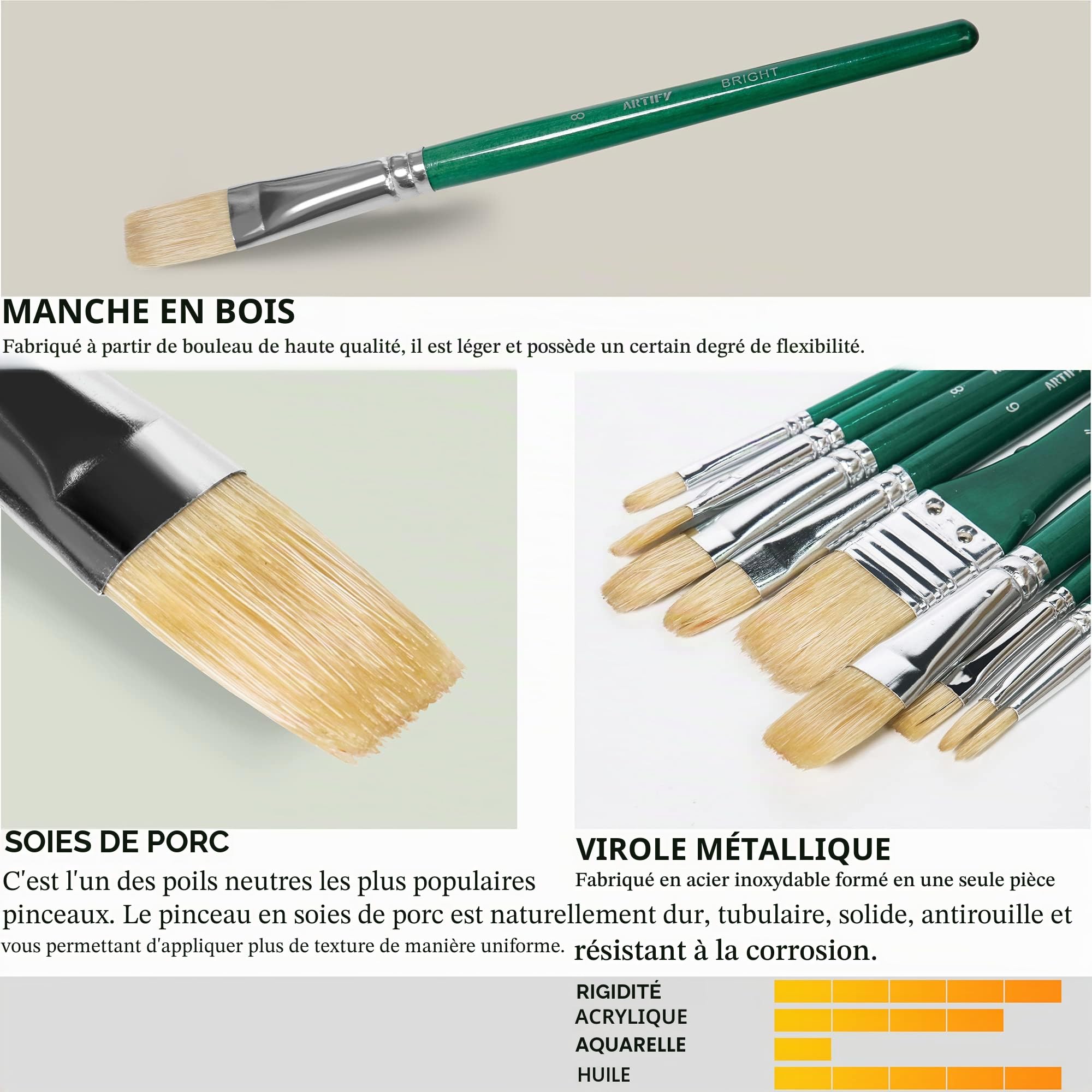 ARTIFY Lot de 10 pinceaux en Poils de Porc avec étui de Transport pour Peinture à l'huile, Aquarelle et Gouache pour Enfants et Adultes, débutants et Professionnels, Vert