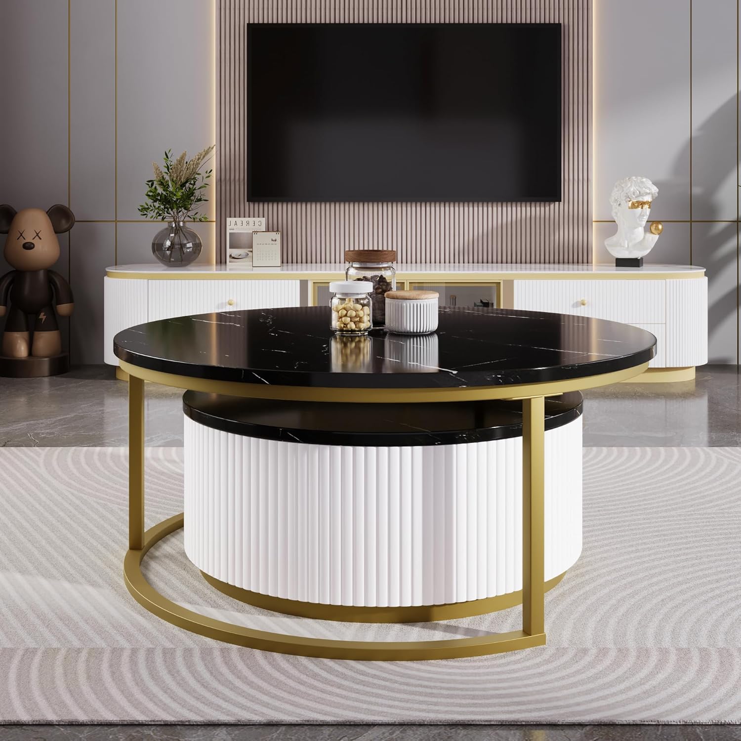 27.6" Black and Gold Nesting Coffee Table Set of 2, Modern Round Coffee Table for Living Room with Storage Drawer Marble Tabletop End Side Table for Bedroom