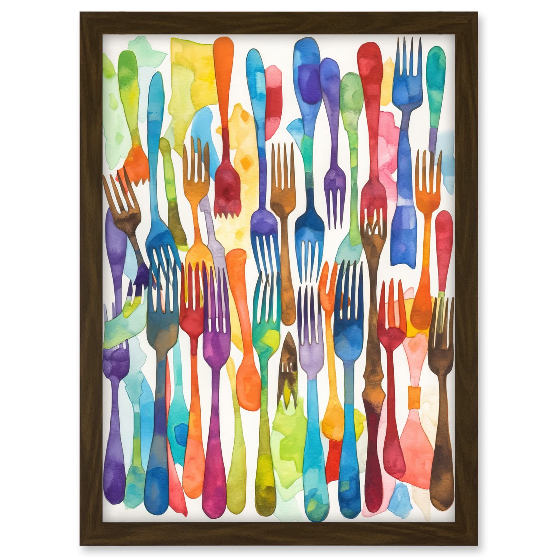 Artery8 Cutlery Pattern Multicoloured Forks Watercolour Painting Artwork Framed A3 Wall Art Print