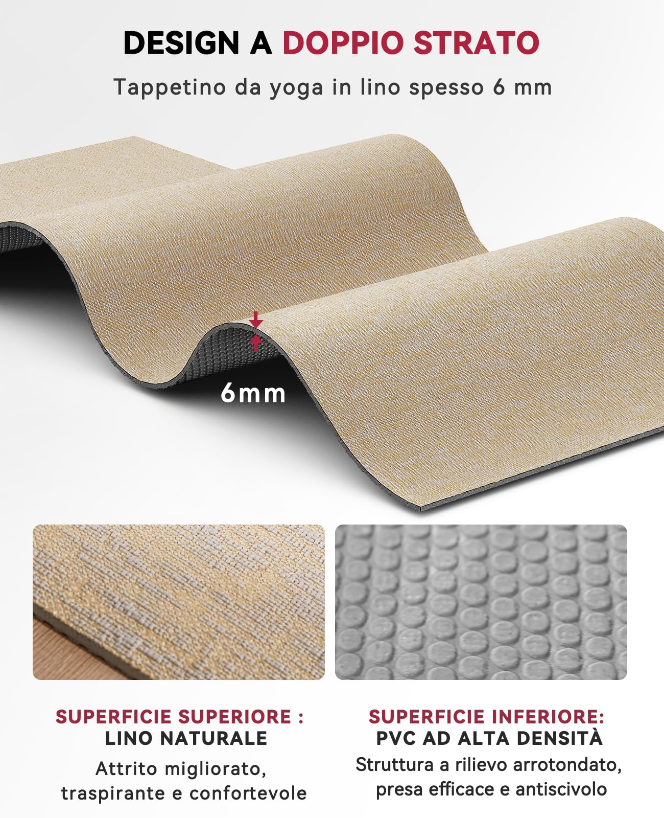 HAPBEAR Tappetino Yoga XXL 213×76cm – Tappetino Palestra Grande in Lino Naturale 6mm, Antiscivolo e Spesso – Tappeto Yoga per Casa, Pilates, Allenamento, Stretching e Fitness