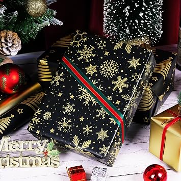 Christmas Wrapping Paper Rolls, Mini Roll - 3 Rolls Black and Gold Xmas Wrapping Paper, Gold Foil Christmas Trees and Snowflake Wrapping Paper for Xmas, New Year, Winter Holiday, Party, 17 x 120 Inch Each Roll