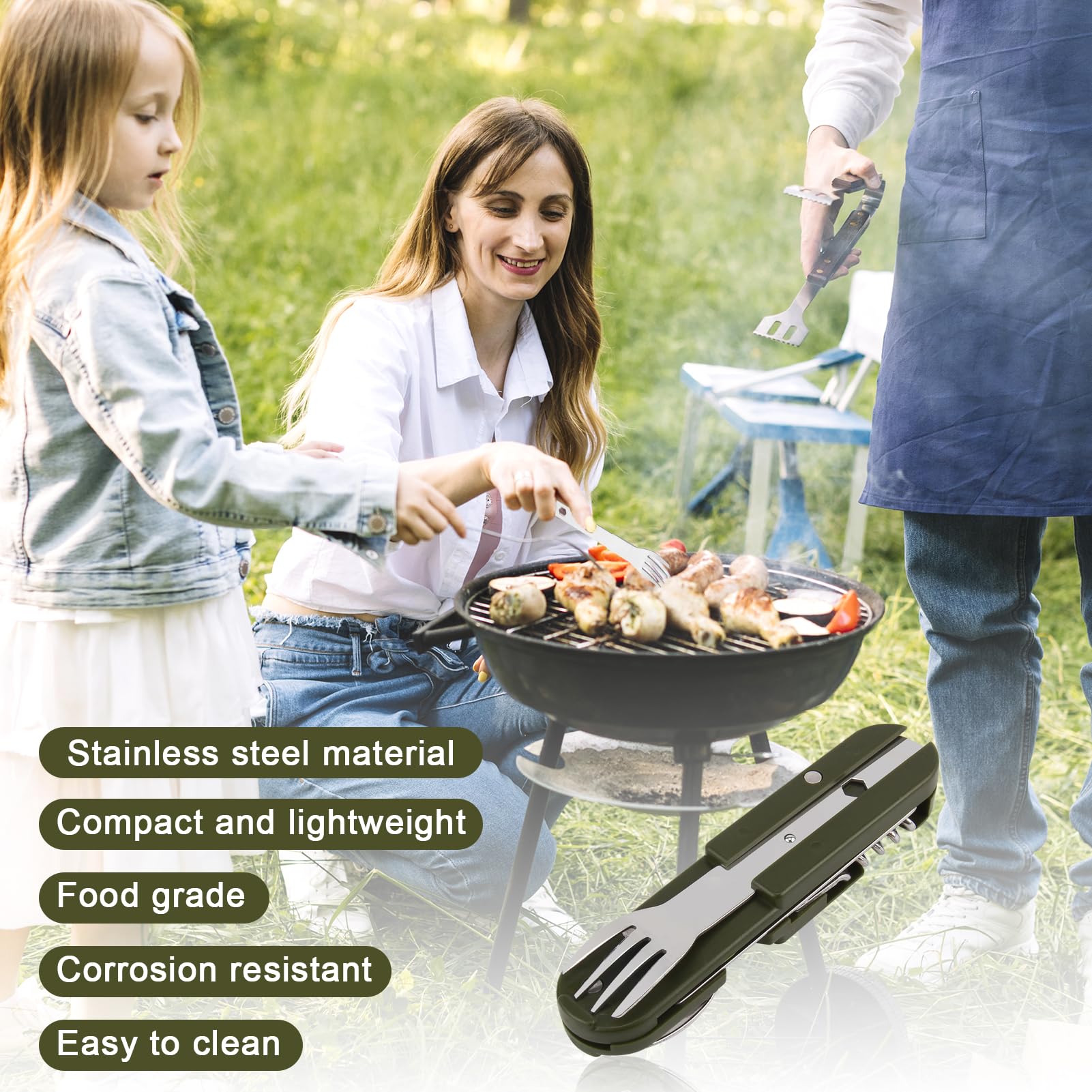 Posate Pieghevoli Multifunzione 5 In 1 In Acciaio Inox – Set Da Campeggio Con Coltello, Forchetta, Cucchiaio E Apribottiglie - 3