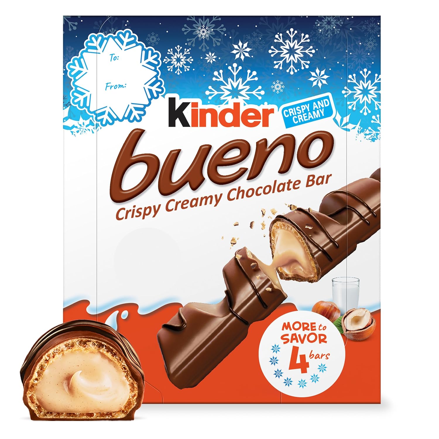 Kinder Bueno, Crispy Creamy Chocolate Bars with Hazelnut Cream, Stocking Stuffers, Individually Wrapped, 10 - Pack, 3 oz Each