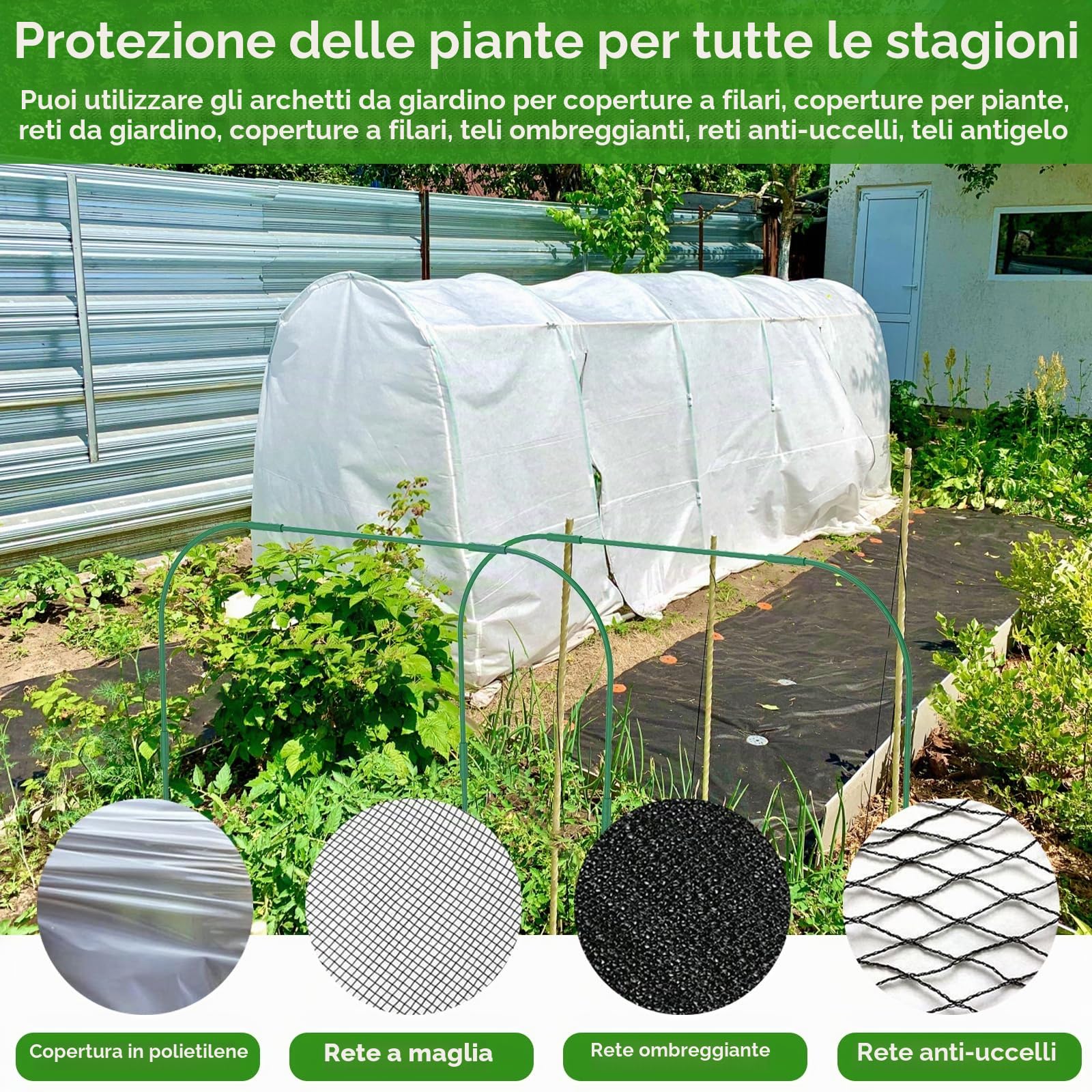 60 cerchi per serra per aiuole rialzate, kit tunnel con 18 clip, telaio rimovibile in fibra di vetro da 43 cm, telaio a cerchio da giardino antiruggine per rete da giardino