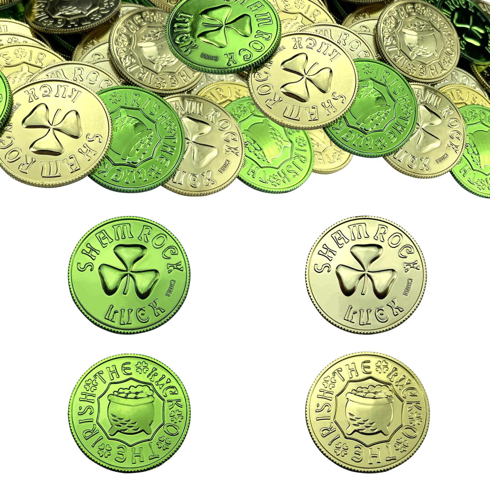 TESEGOO 100 Pieces St. Patrick's Day Shamrock Coin 3-Leaf Clover Coin Plastic Green and Gold Lucky Coin Fake Coins Pocket Token for Irish Saint Patrick’s Day Festive Table Decorations & Party Favors
