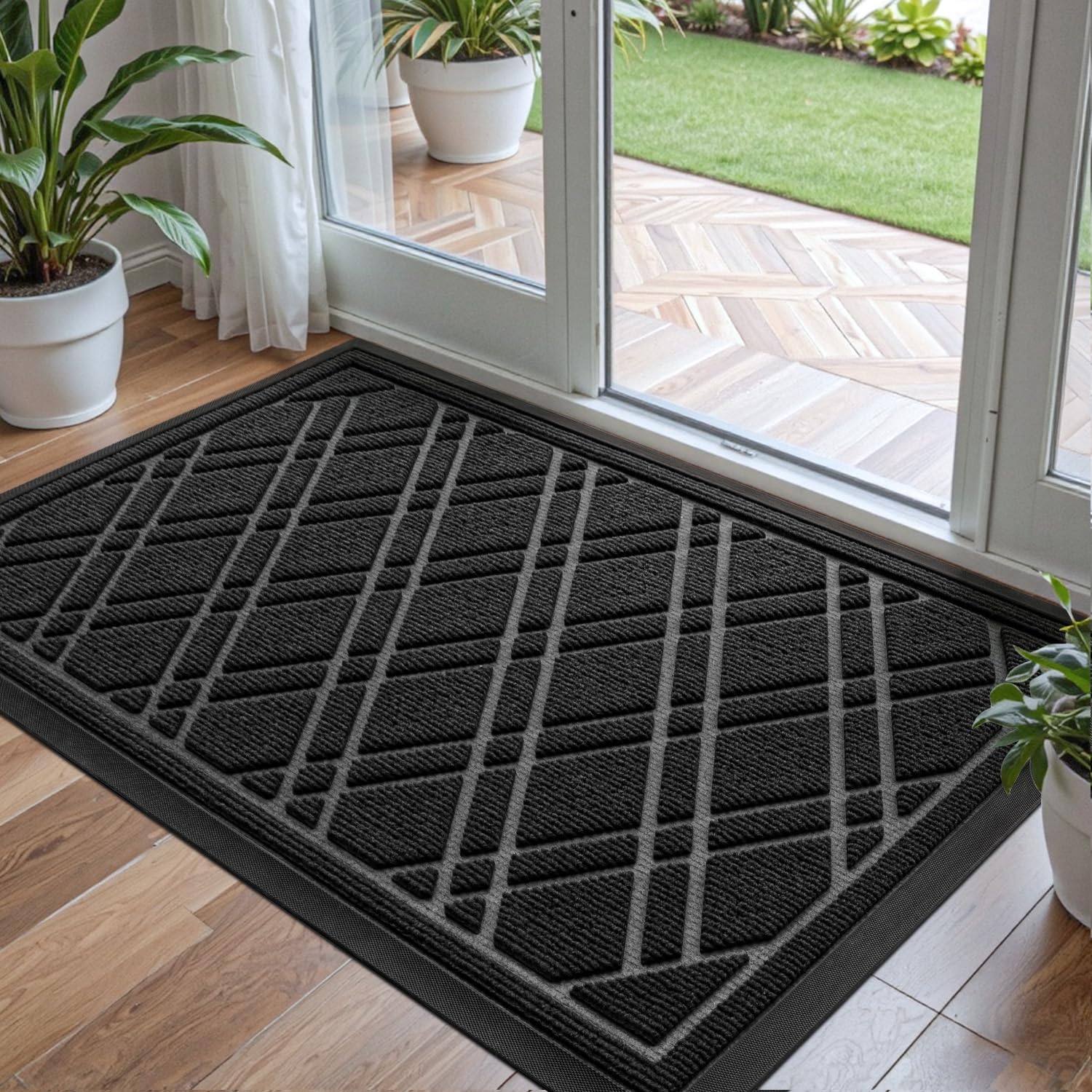 DEXI Felpudo de Entrada 60 x 90 cm, Felpudo Entrada Casa Antideslizante, Impermeable, Lavable, Alfombrilla Exterior y Interior (Negro)