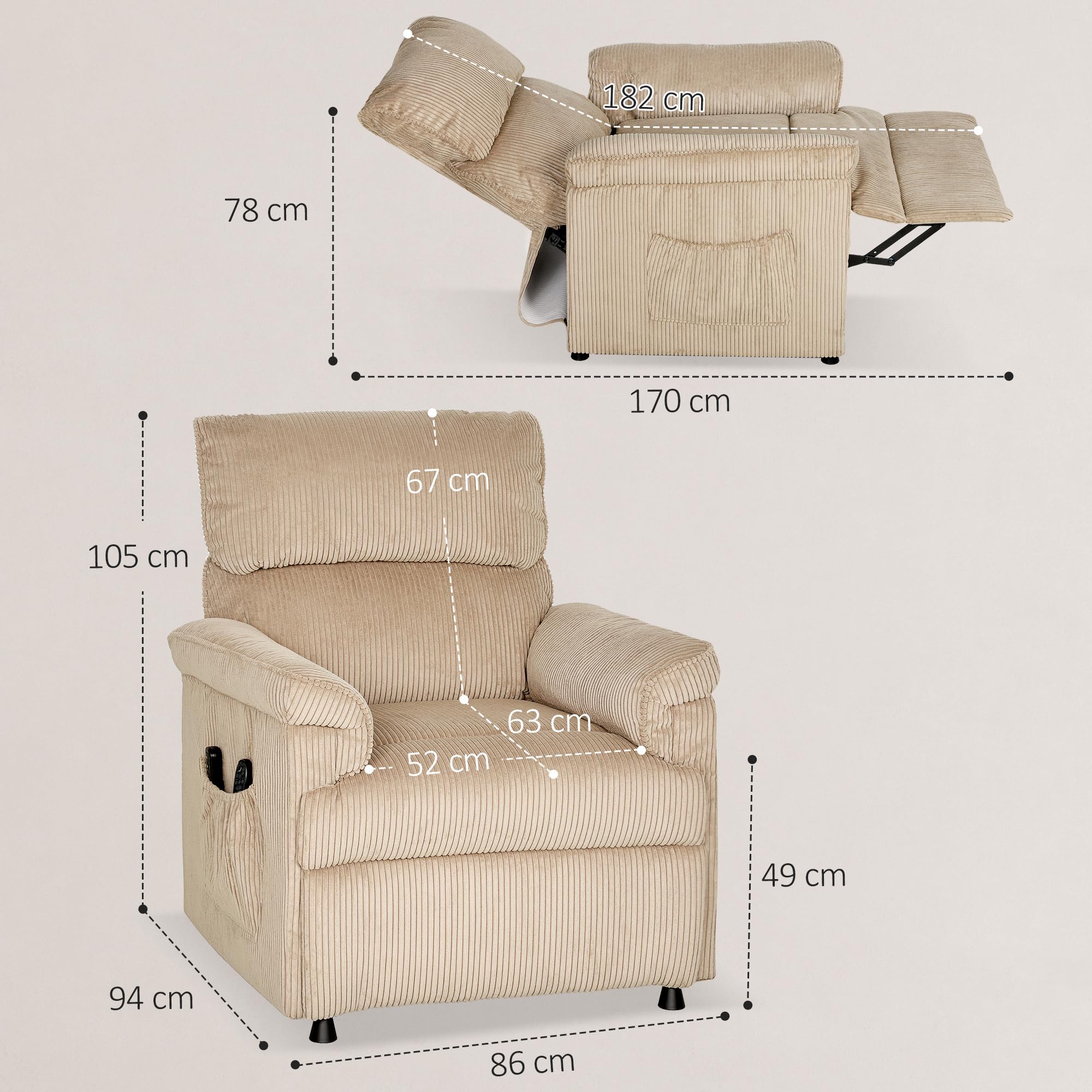 HOMCOM Fauteuil Relax Électrique Massant et Chauffant en Velours Côtelé, Fauteuil Inclinable avec Repose-Pieds, Moteur Silencieux, Mémoire, Port USB, Télécommande et Poches Latérales, Marron