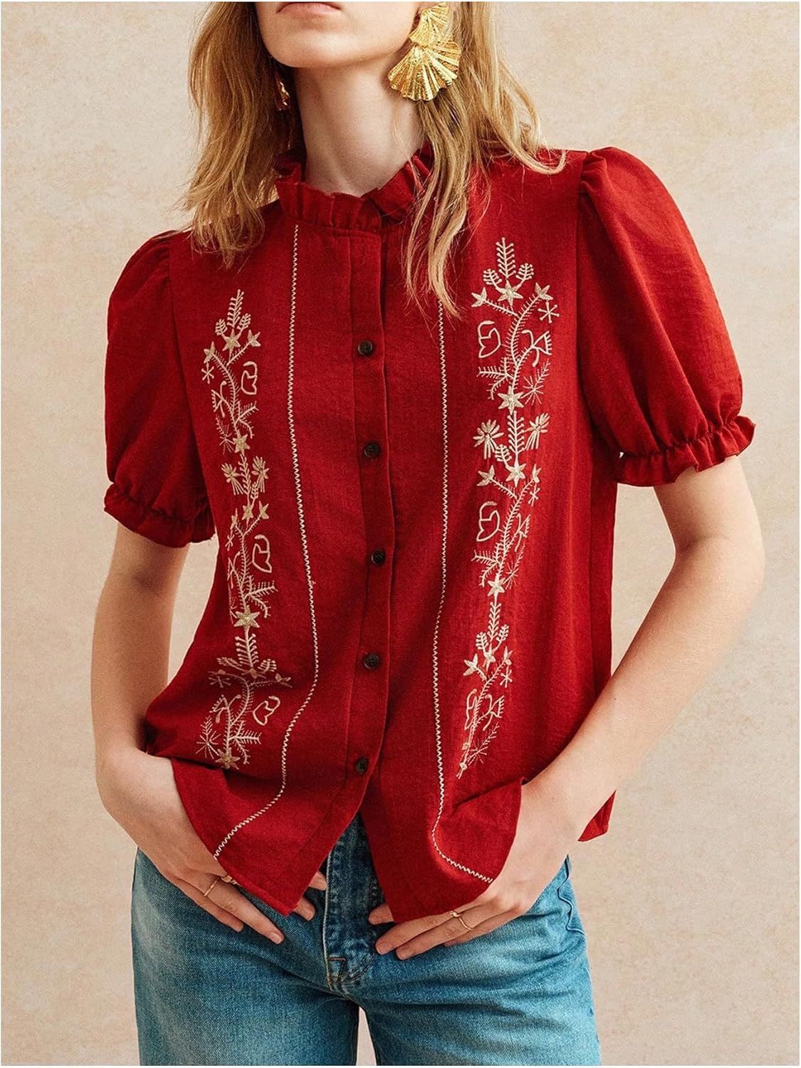 SHENHE Women's Boho Embroidered Blouse Puff Short Sleeve Button Up Summer Peasant Top - Image 5