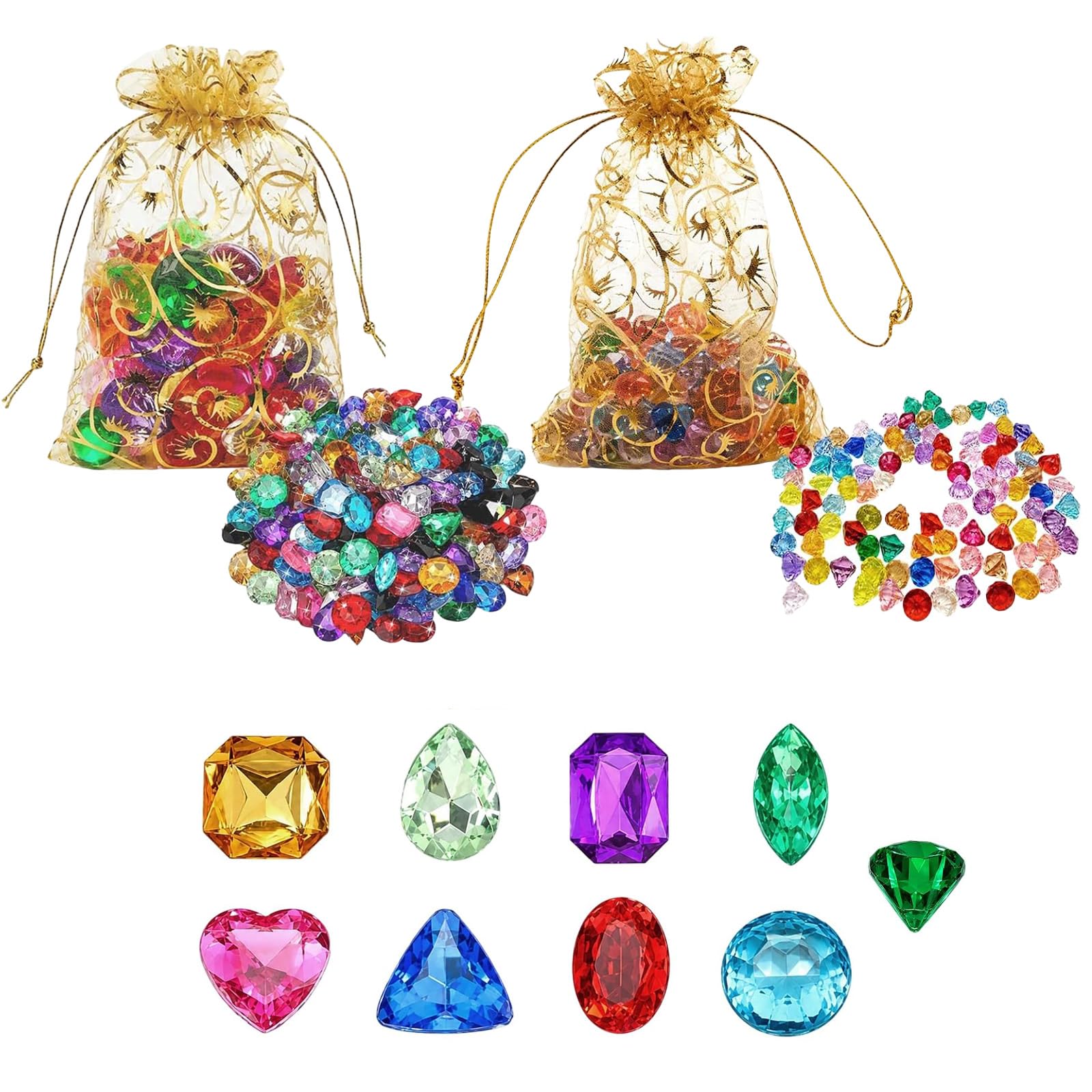 XLTXWD 228 Pcs Jewels, Gemstones, Craft Gemstones Collection, Creative Craft and Treasure Hunt Games, Assorted Coloured Pool Gems with Storage Bag, Diamond Shapes Included