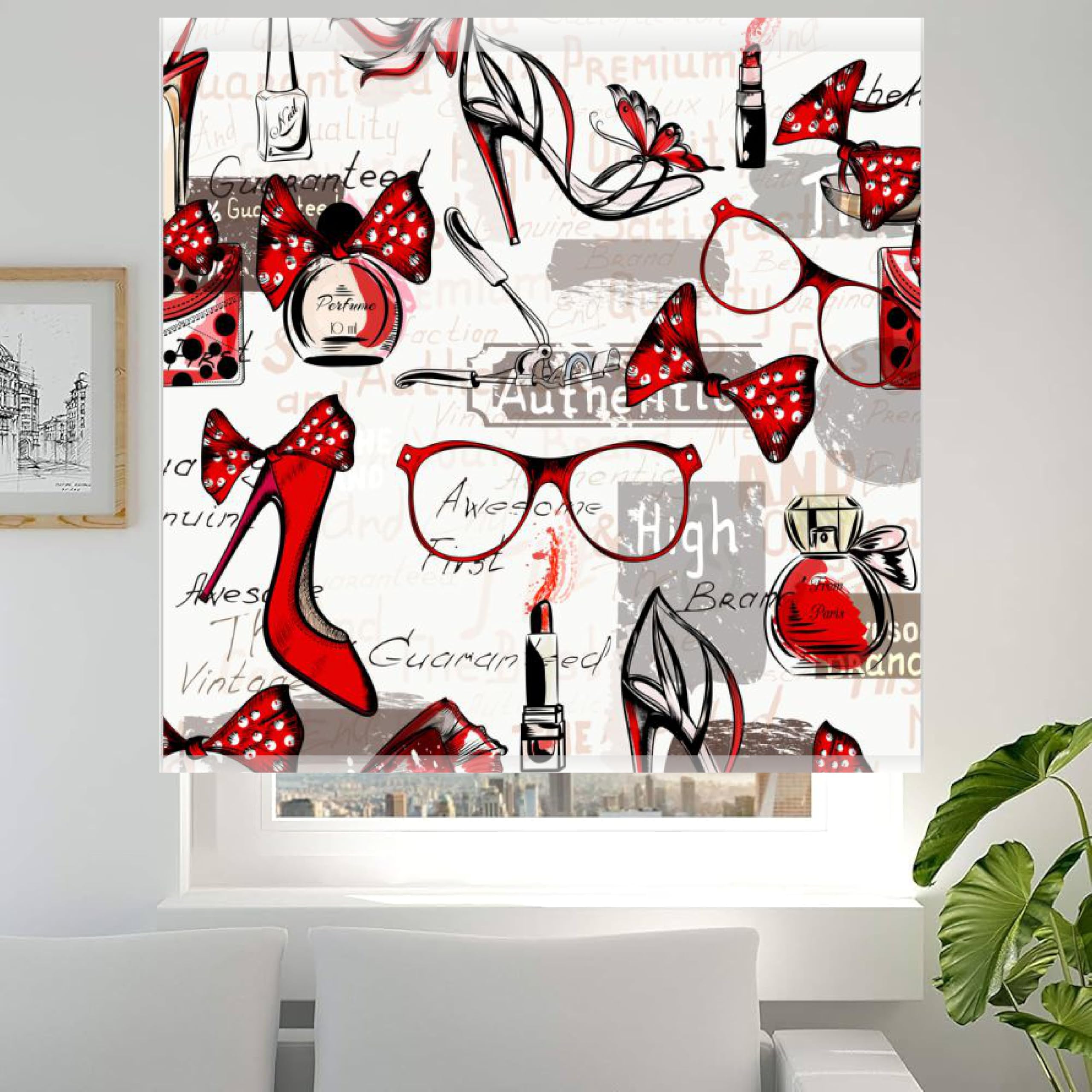 Estor Enrollable Juvenil Moderno Fashion 002 – Diseño Fashion con Tacones, Gafas, Pintalabios y Perfume – Cortina Decorativa Habitación Chica Adolescente – Tejido Translúcido – Hecho en España (40x60)