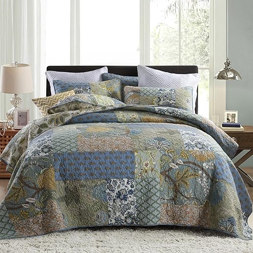 Secgo Bedspread Quilt Set 100% Cotton with 2 Pillow Cases Patchwork Reversible Lightweight Queen 90x98 Inch Sage Green