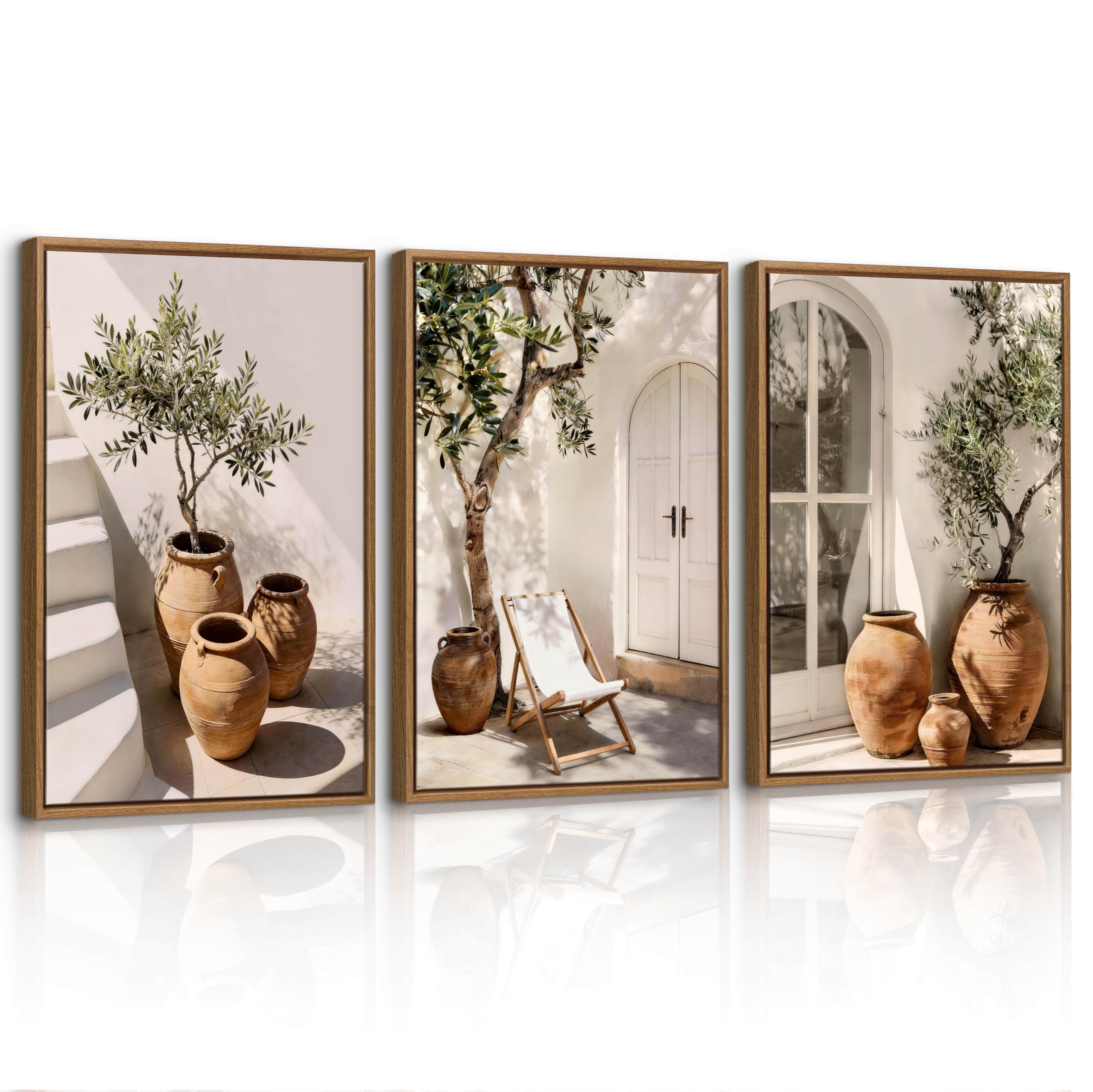 3 Pcs Farmhouse Rustic Still Life Botanical Framed Canvas Wall Art Prints, Vintage Trees in a Vase Canvas Painting White Recliner Ladder Pictures for Bedroom Walls Home Decor for Living Room 30X40cmX3