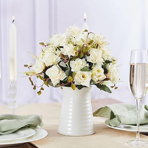 Miniatura 7 de Elements Flores artificiales en jarrón, arreglo de 21 rosas, ramo de flores falsas para decoración de mesa de comedor, cocina, 9.25 x 9.25 x 12.5