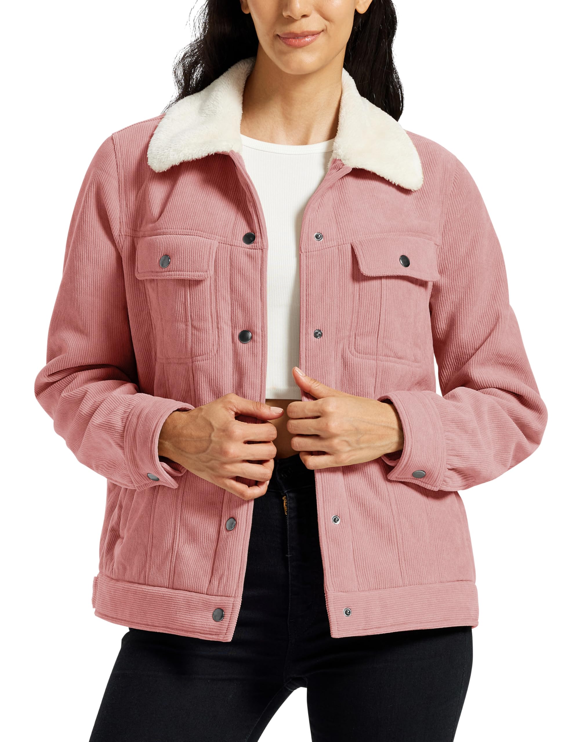 MoFiz Damen Fleecejacke Sherpa Gefüttert Winterjacke Warmer Damenjacke Mode Cordjacke Freizeitjacke mit Knopfverschluss Taschen