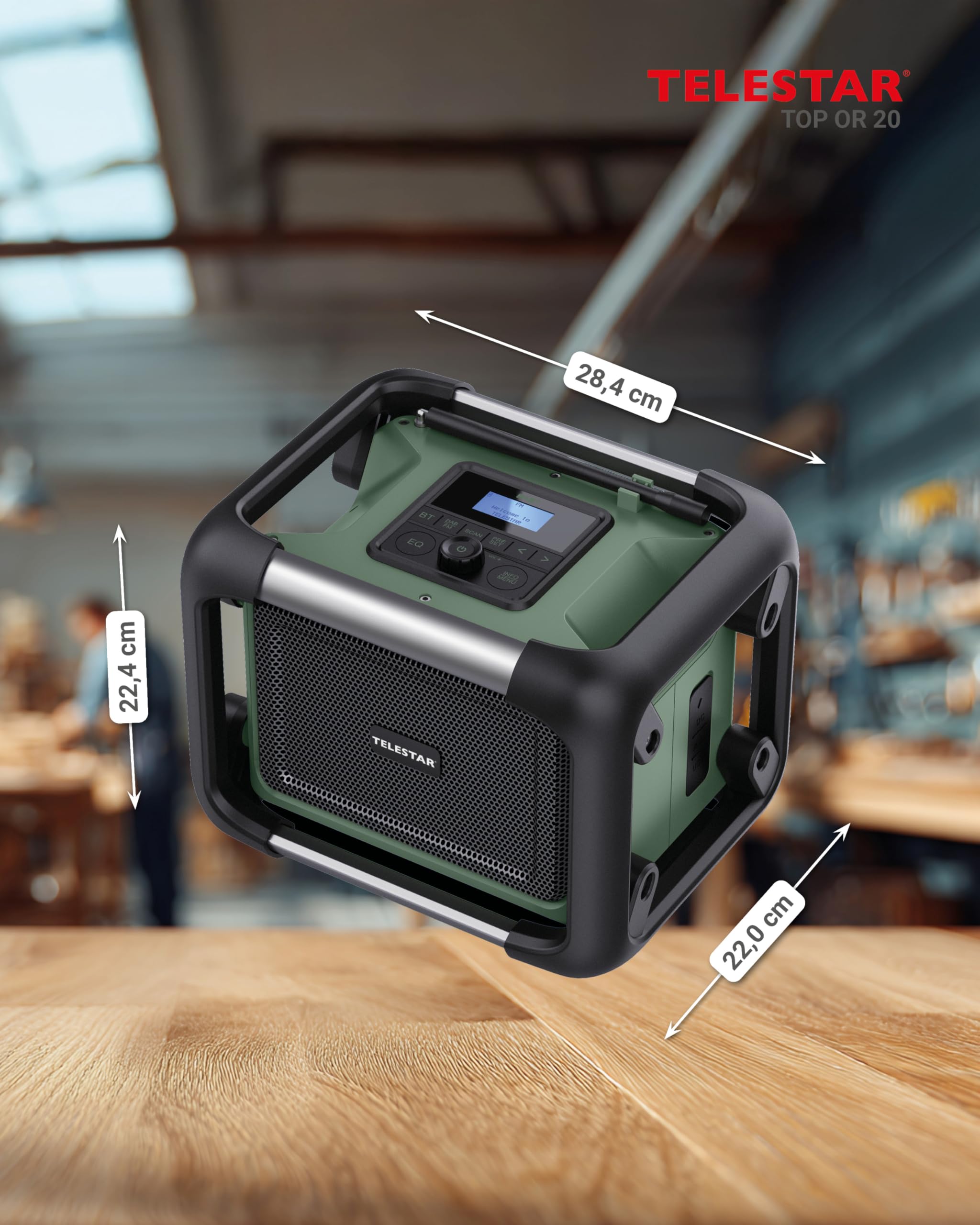 TELESTAR TOP OR 20 – Baustellenradio, läuft mit Marken-Akkus (Makita etc.) | Robust, DAB+, Bluetooth Audio-Streaming, für Akkus von Makita, DeWalt, Bosch, Milwaukee, 80 W Stereo, USB, Akku-/Netzbetrieb