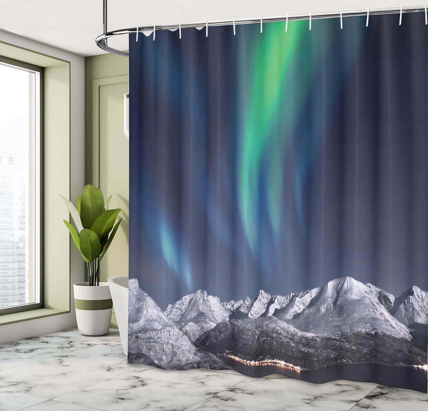 Ambesonne Sky Shower Curtain, Aurora Borealis Aurora Over Fjords Mountain at Night Norway Solar Image Art, Cloth Fabric Bathroom Decor Set with Hooks, 69" W x 70" L, Green Dark Blue