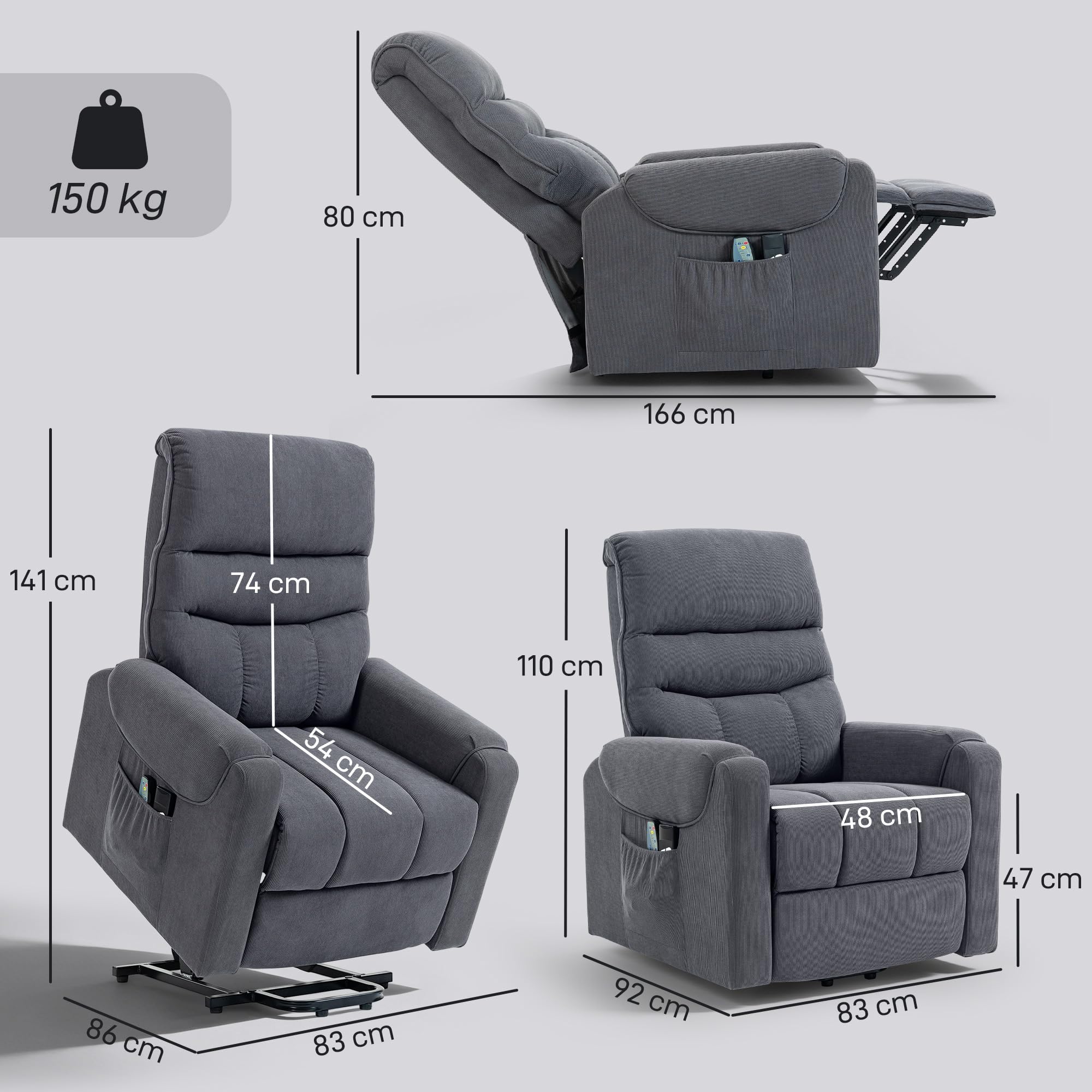 HOMCOM Sillón Relax Reclinable Eléctrico Levanta Personas, 8 Puntos de Masaje, 2 Controles Remotos, Gris