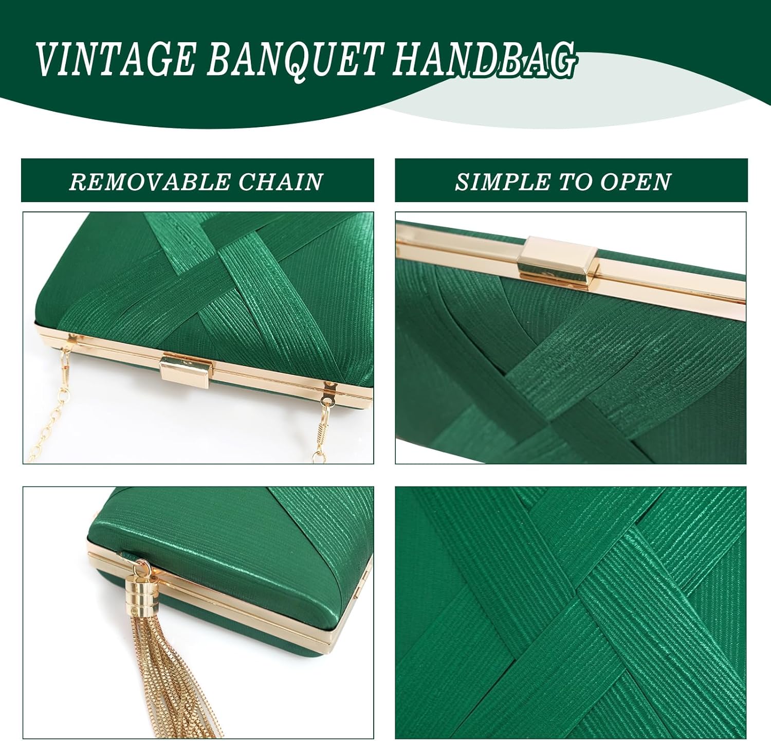 5 Pcs Clutch Purses for Women Jewelry Set Handbag with Necklace Earrings Ring Bracelet Vintage Banquet Handbag with Detachable Chain for Wedding Party Gift Supplies(Green) - Image 6