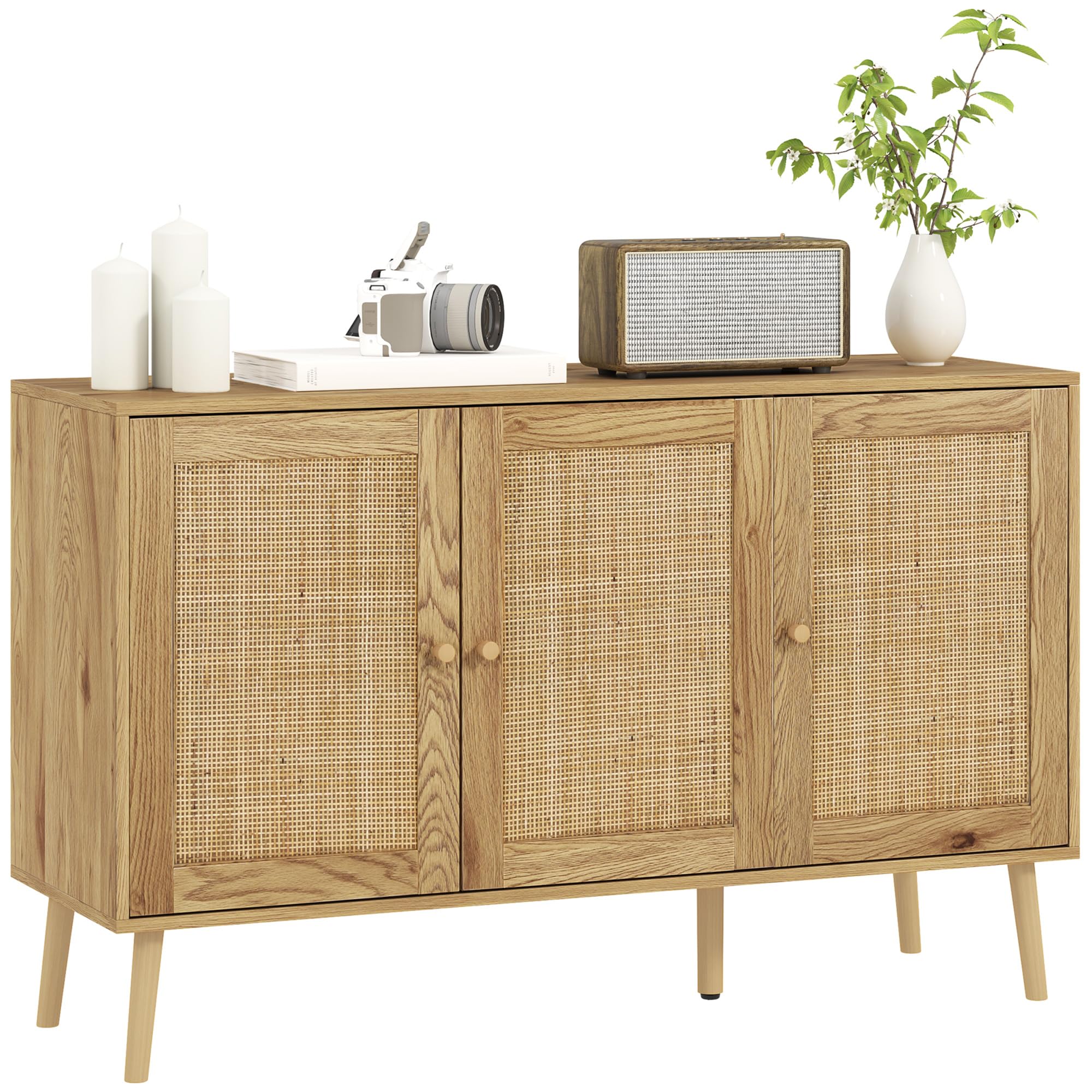 HOMCOM Aparador con 3 Puertas de Ratán, Aparador de Salón Bohemio, con Estantes Ajustables, para Cocina, Entrada, Dormitorio, Madera Natural, 120x40x75 cm