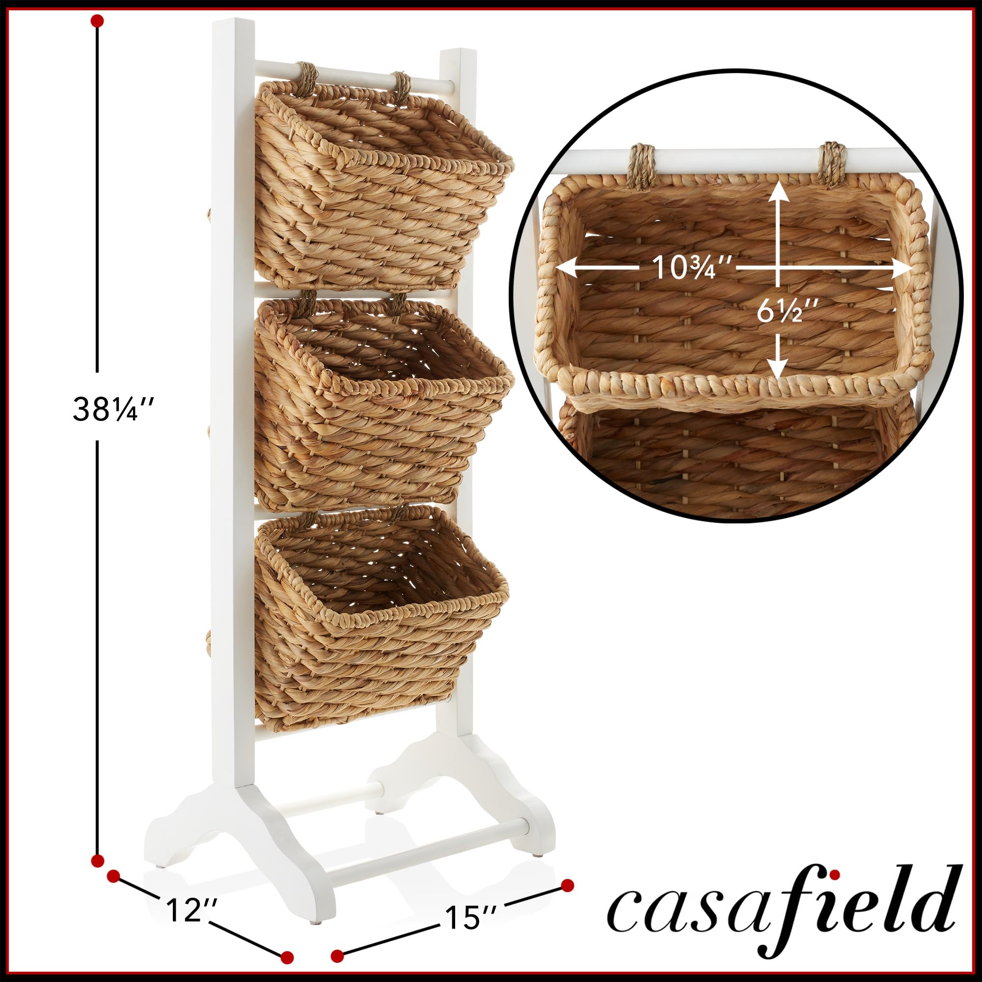 Casafield 3-stöckiger Bodenständer mit Aufbewahrungskörben aus Wasserhyazinthe, Weiß/Natur – Stehender Organizer Rack für Badezimmer, Küche, Wäsche, Wohnzimmer