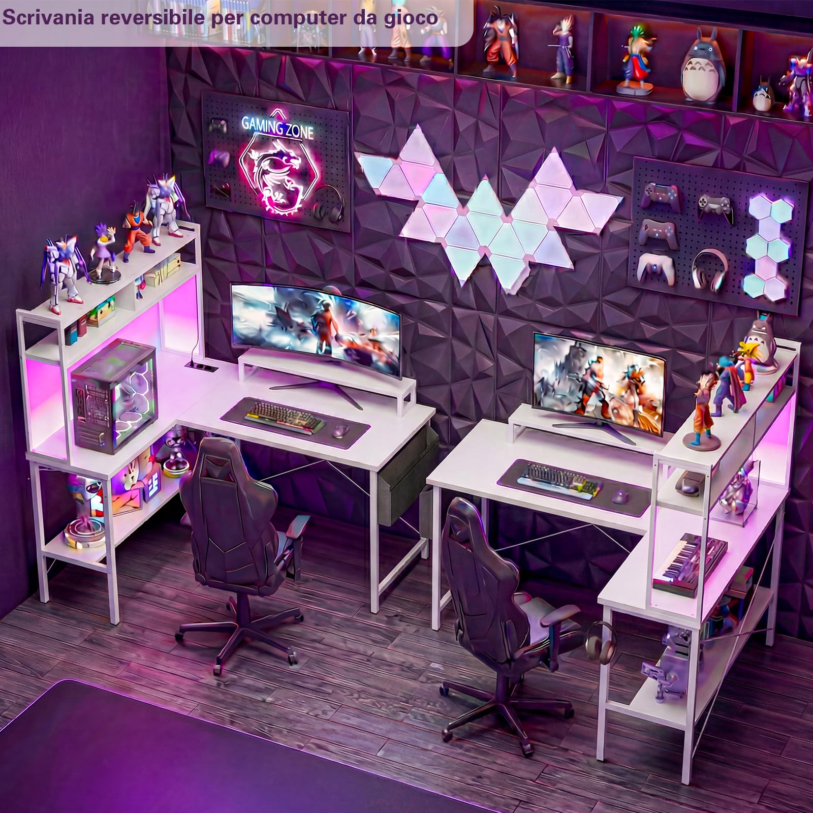 Homieasy Scrivania Gaming Angolare 124cm con LED e Prese, Bianco | Reversibile, Libreria, Supporto Monitor e Borsa, Salvaspazio, Metallo e MDF