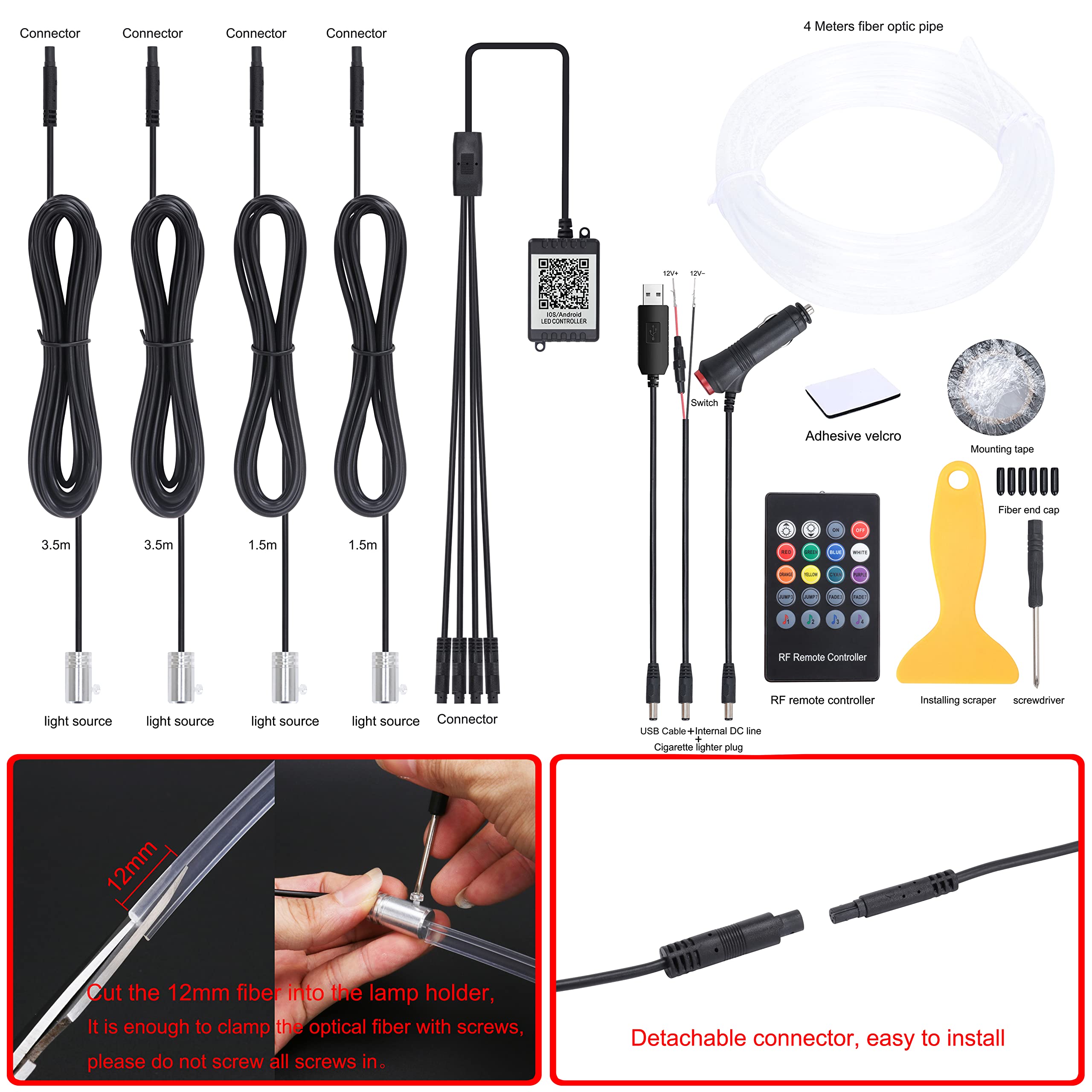 QAUBEN Car Ambient Lighting Optic Fiber Cable 64 Colors Music Sound Active with RF Remote Control + APP Control Car Decorative Atmosphere Lighting Kit DC 12V 1W 4m