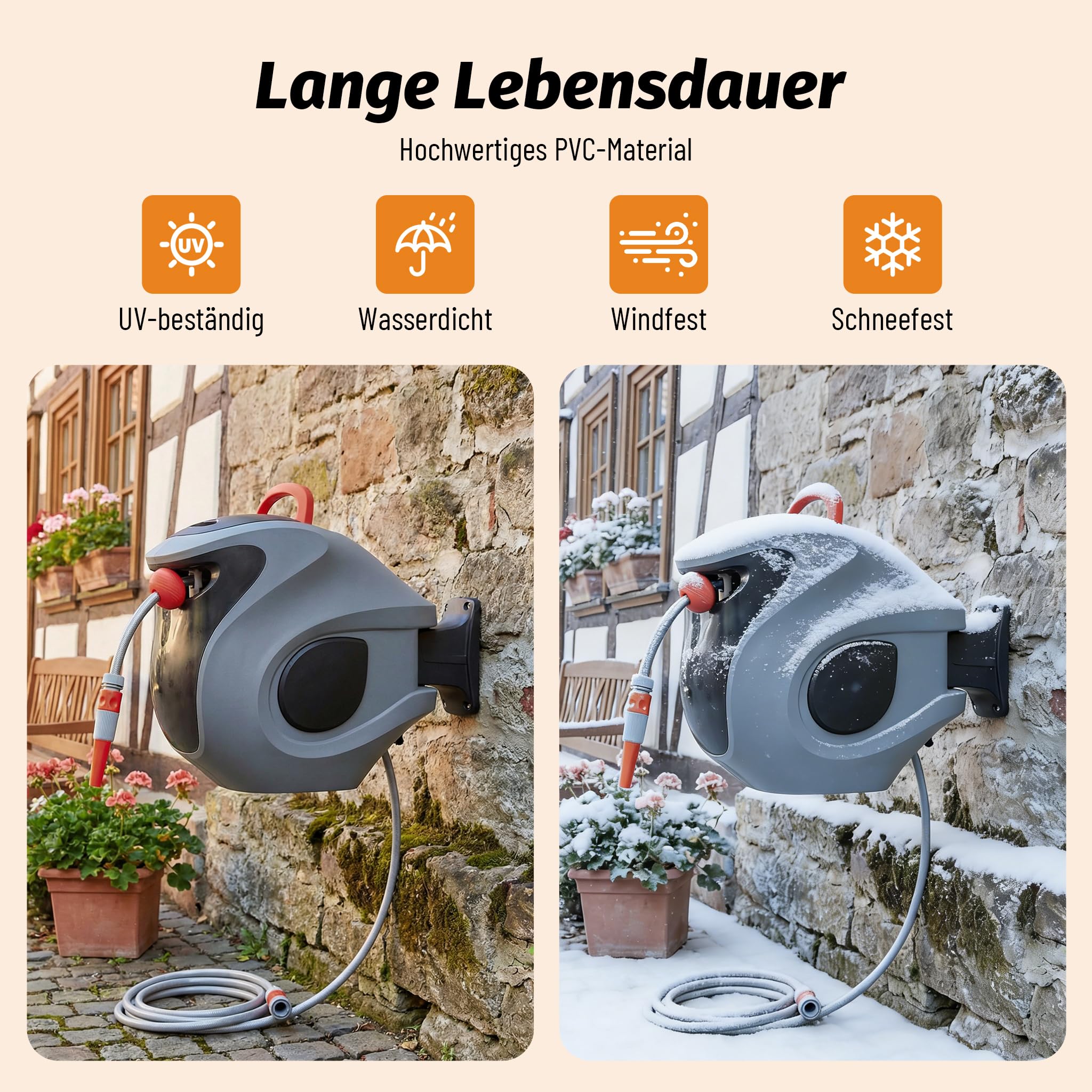 Schlauchbox RollUp 30 m – 180° Schwenkbare Schlauchtrommel, Flexible Bewässerung für Große Gärten, inkl. Wandhalterung, 30 m Gartenschlauch und Ergonomischer Spritze (Graulbau)