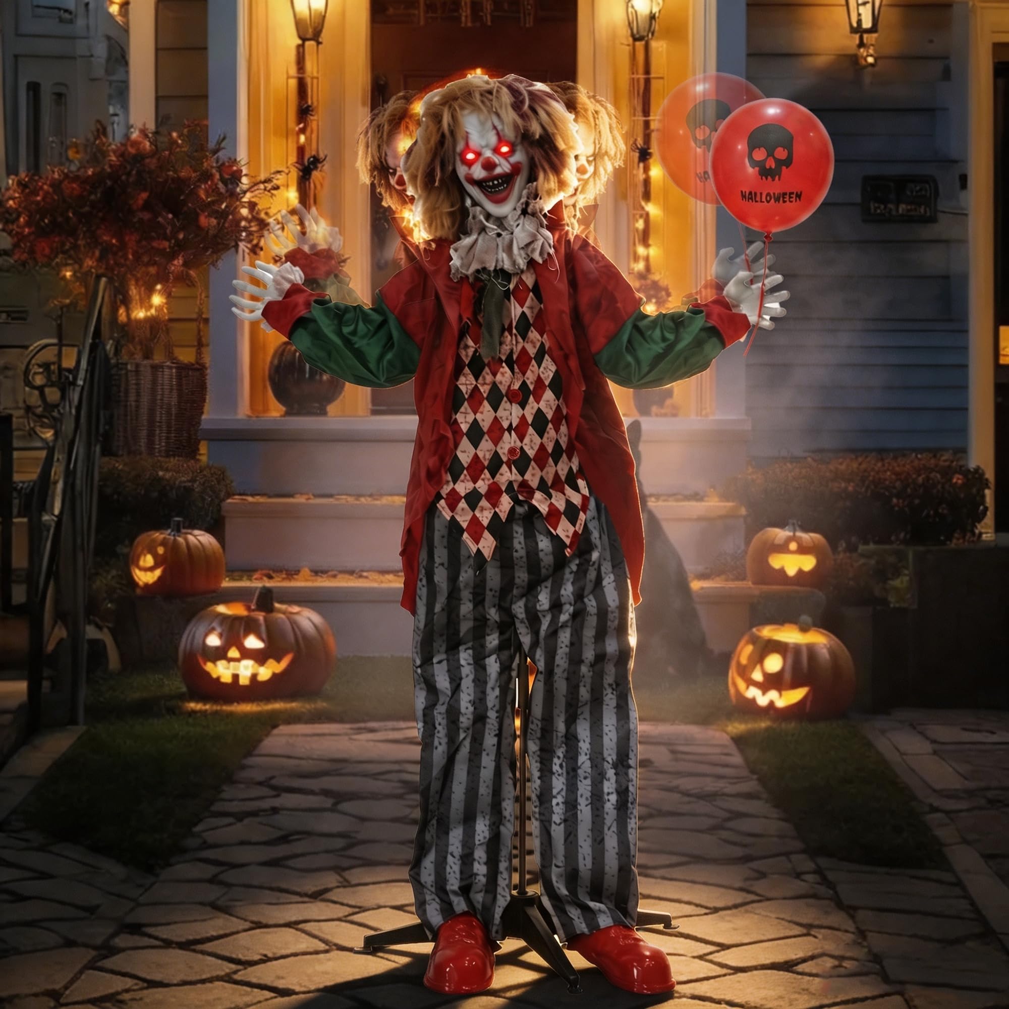 Hourleey Decoraciones de payaso animatrónica de Halloween de 5.3 pies, payaso animado activado por sonido con ojos iluminados, payaso sosteniendo globo para interiores y exteriores, decoración de