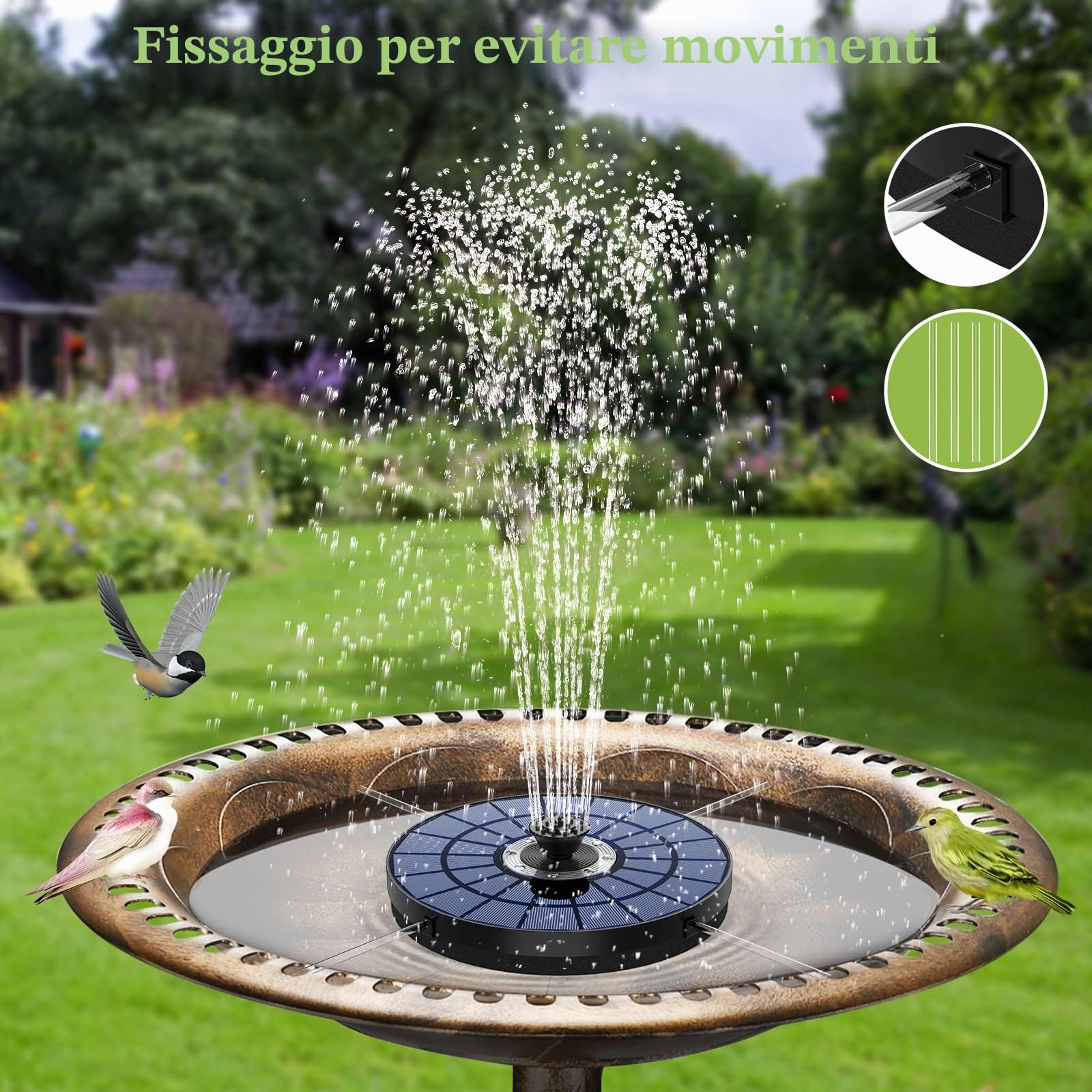 AISITIN Fontana Solare da Giardino Esterno 5,5W con Luci LED - Pompa ad Energia Solare con 7 Effetti Ugelli e 4 Fissatori - Galleggiante Fontana Solare per Laghetto/Stagni/Vasca Uccelli/Giardino