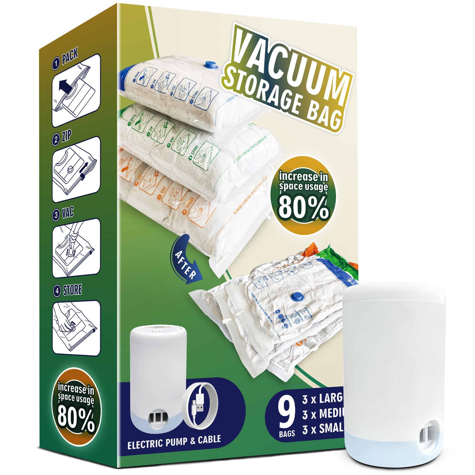 Storage Master 9 Pack C + P Space Saver Bags For Travel And Home Reusable, 9 Pack Vacuum Storage Bags Save 80% More Storage Space, With Electric Air Pump