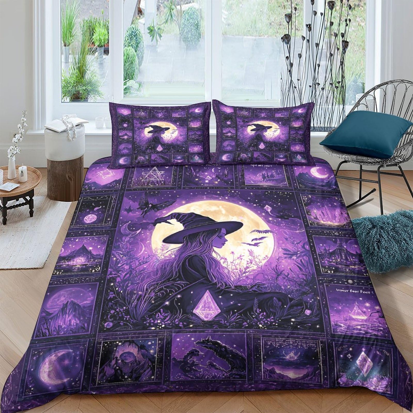 Ctjqhvkz Style-4 3D Printed Witch Moon Fitted Sheet Microfiber Purple Star Bed Cover Non Slip Machine Washable Bedroom Decor Single（135X200cm）