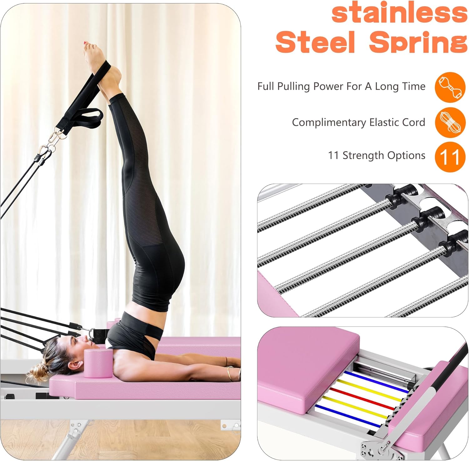 sogesfurniture Pilates Board,Pilates Reformer Foldable for Home Gym and Studio,Reformer Pilates Machine Up to 330.5 LBS with Dual Resistance- Springs and Cords(Pink 77.9 inch)