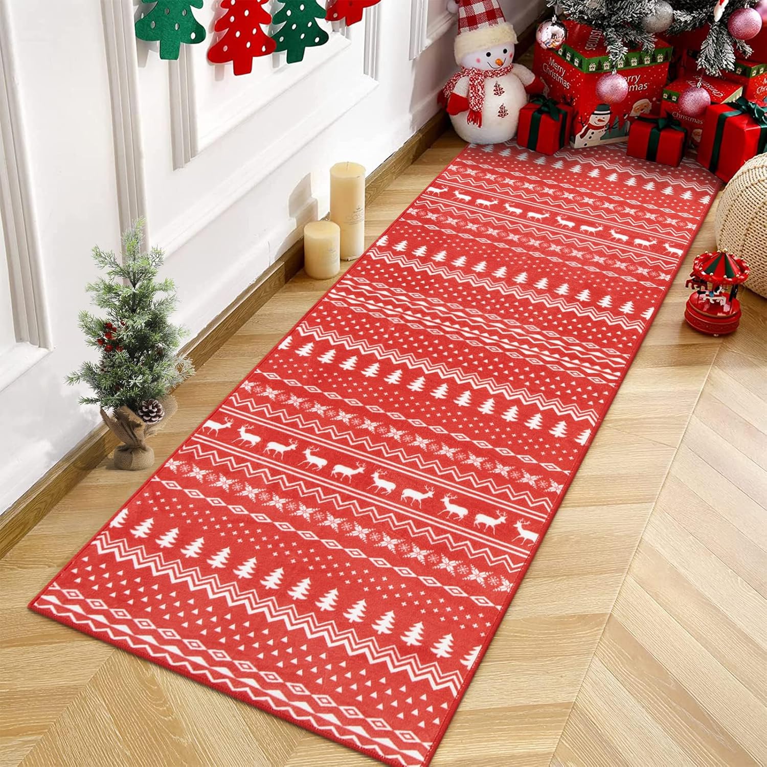 Uphome Christmas Runner Rug for Hallway, 2x6 Red Boho Christmas Runner Rugs