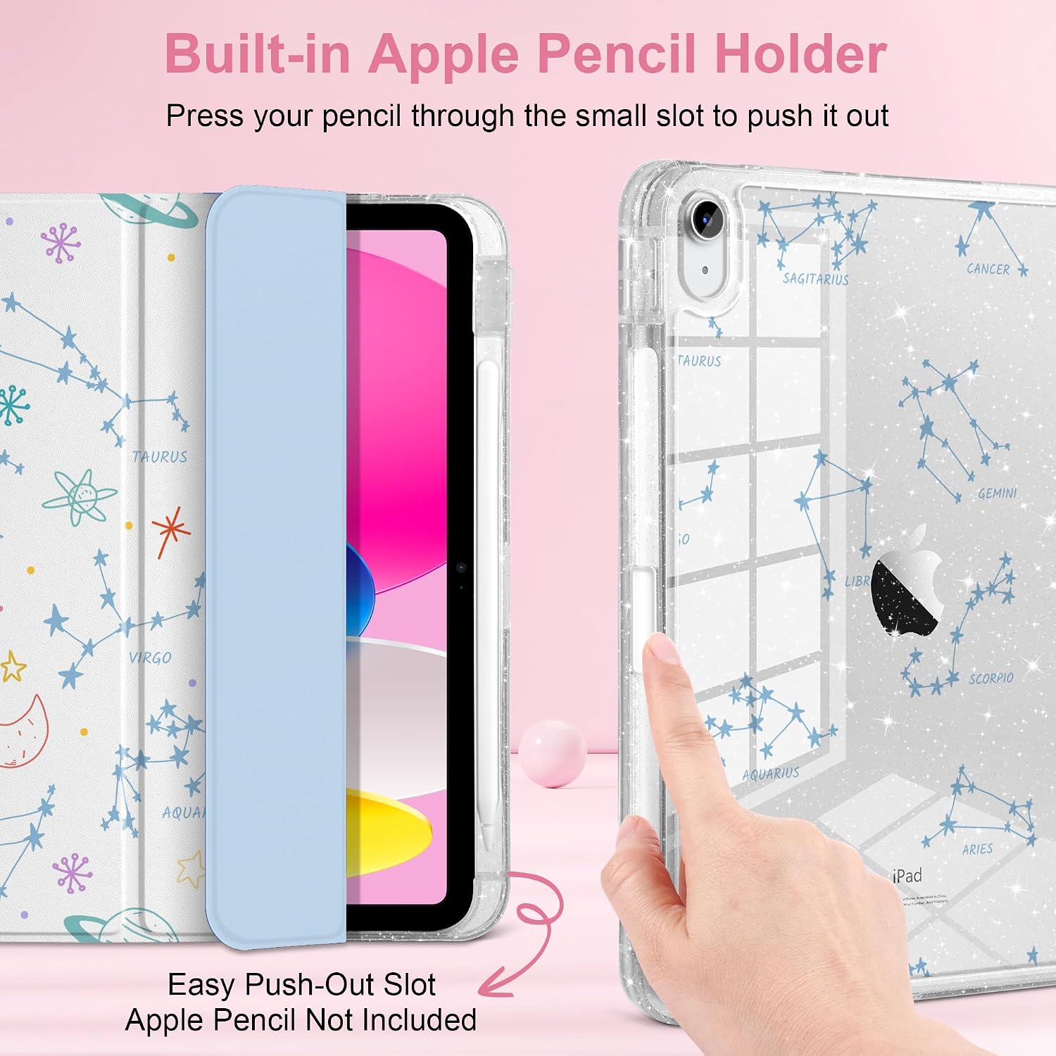 Sparkle Case for iPad 11th Generation (A16) 11 inch 2025 /iPad 10th Gen 10.9 2022 - Premium Satin-Touch Cover, Embedded Glitter Clear Back, Cute Trifold Protective Skin - Constellation Chart