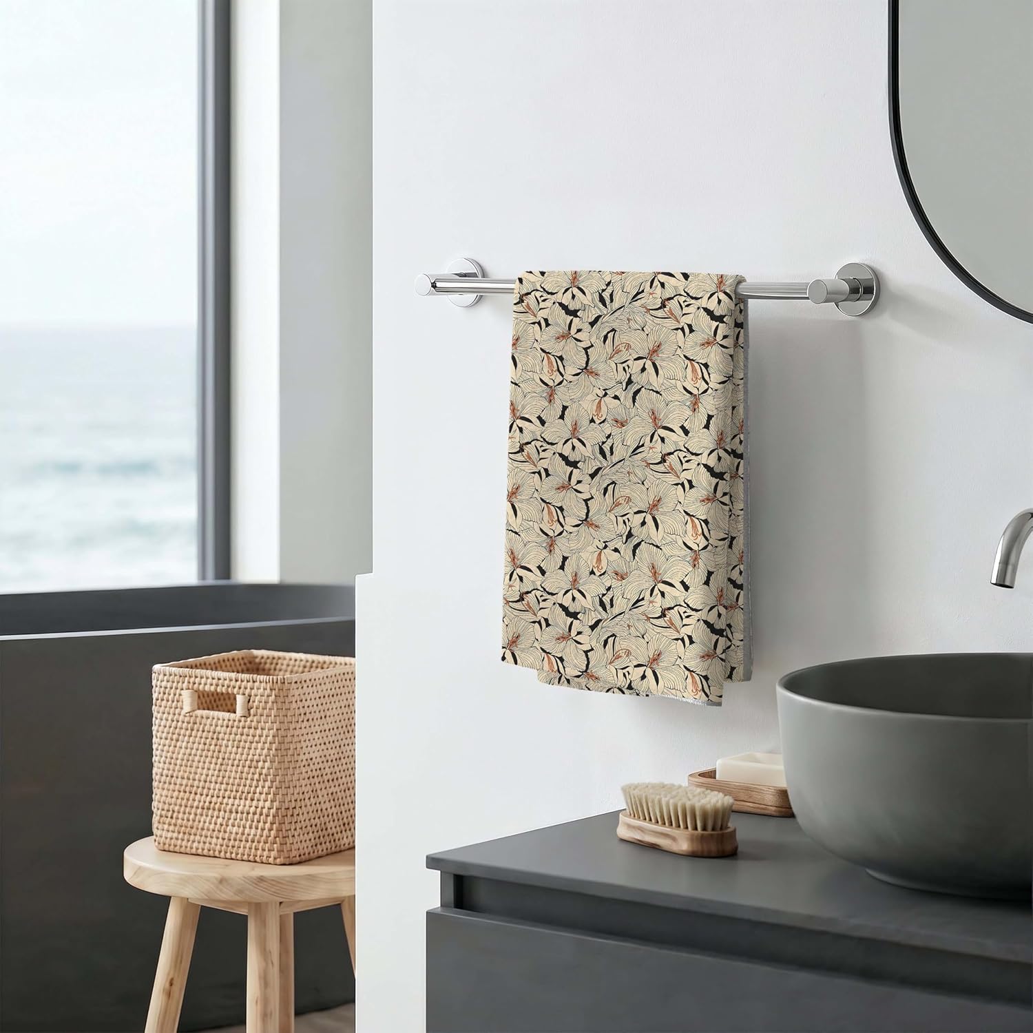 Vintage Lily Floral Kitchen Towels Dishcloth, Cottagecore Flower Botanical Decorative Hand Towels for Bathroom, Beige and Black Farmhouse Drying Dish Towel 16x24 inch image 3