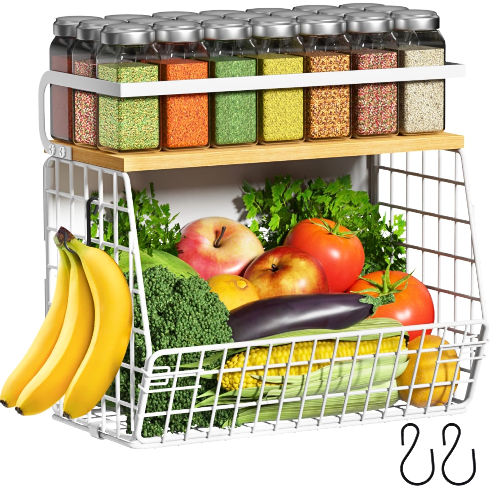 Magnetic Shelf for Fridge with Wood Lid, Fruit Potato and Onion Storage Bins, Pantry Organizers & Storage, Large Container Magnetic Spice Rack for Refrigerator, Kitchen Counter, Cabinet (1, White)