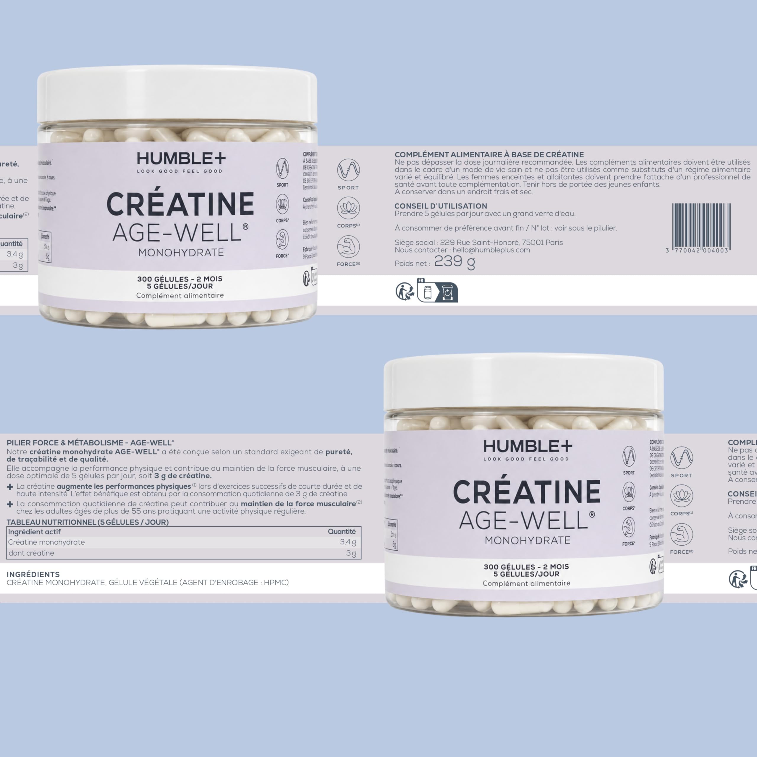 HUMBLE+ Créatine Monohydrate Age-Well® Gélules - 300 Gélules - 2 Mois | Créatine pure monohydrate, 3 g par jour, 300 gélules - Format 2 mois - Complément alimentaire - Marque Française